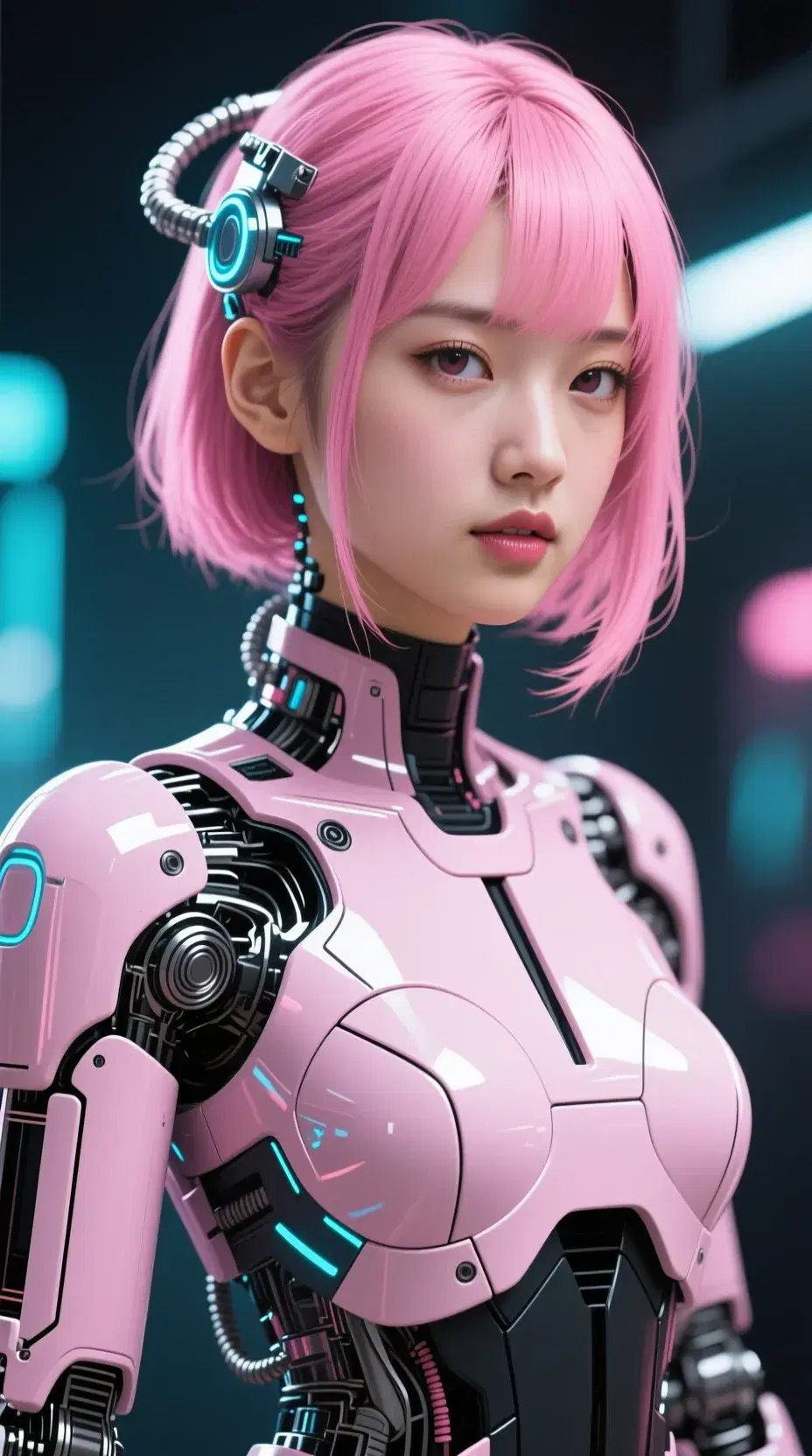 portrait of pink haired japanese female cyborg ai woman. 