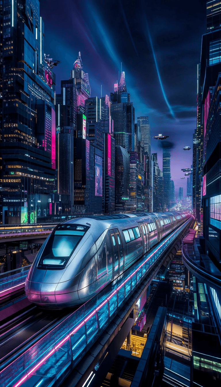 In the heart of a bustling futuristic city, a sleek, high-speed maglev train glides along the neon-lit railway, its metallic surface reflecting the vibrant cityscape. The train's interior is bathed in a soft, ethereal glow, while the city's towering skyscrapers stretch towards the neon-lit sky, creating a mesmerizing contrast between the old and the new.