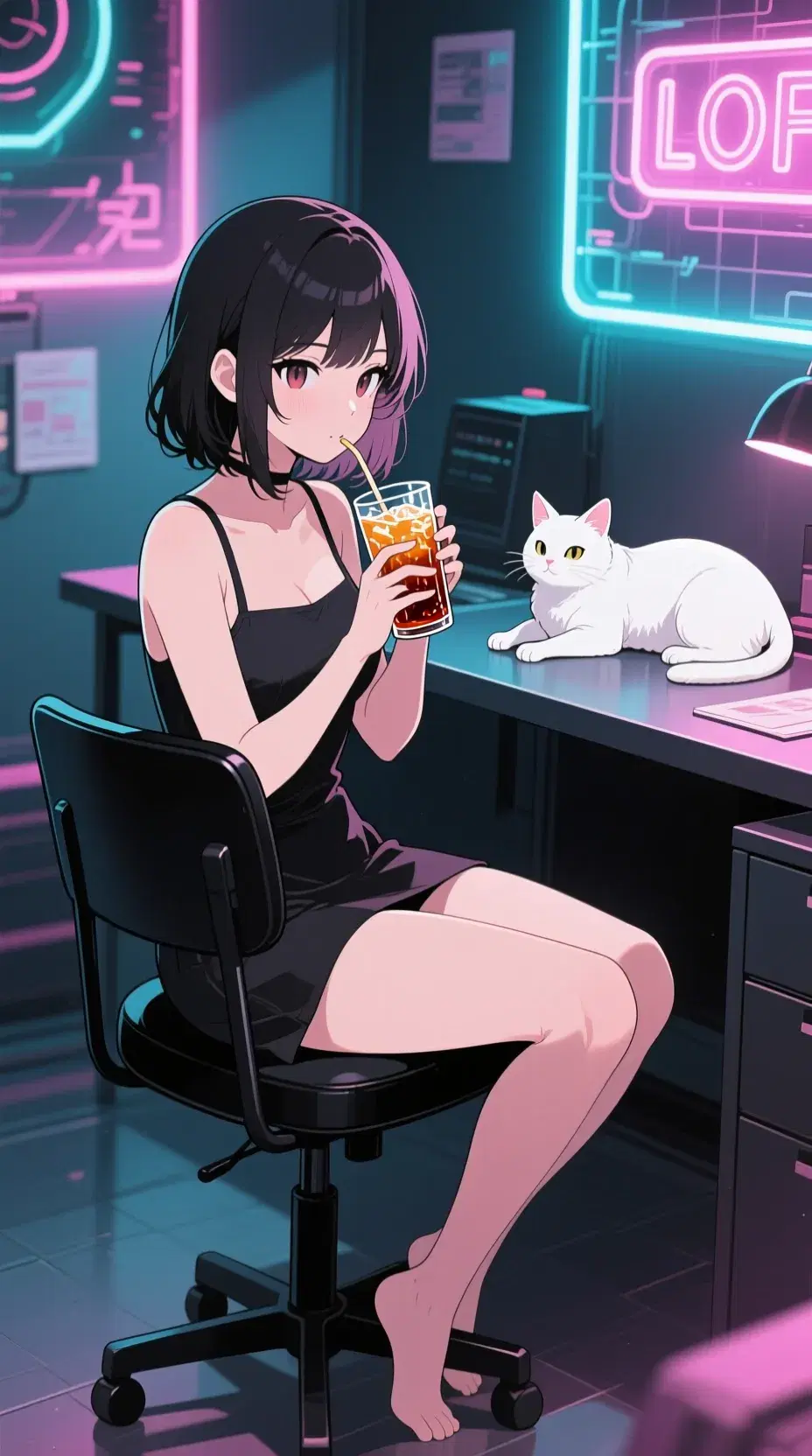 female japanese woman sitting on black chair and drinking ice tea, white cat laying on desk, neon lights, anime style