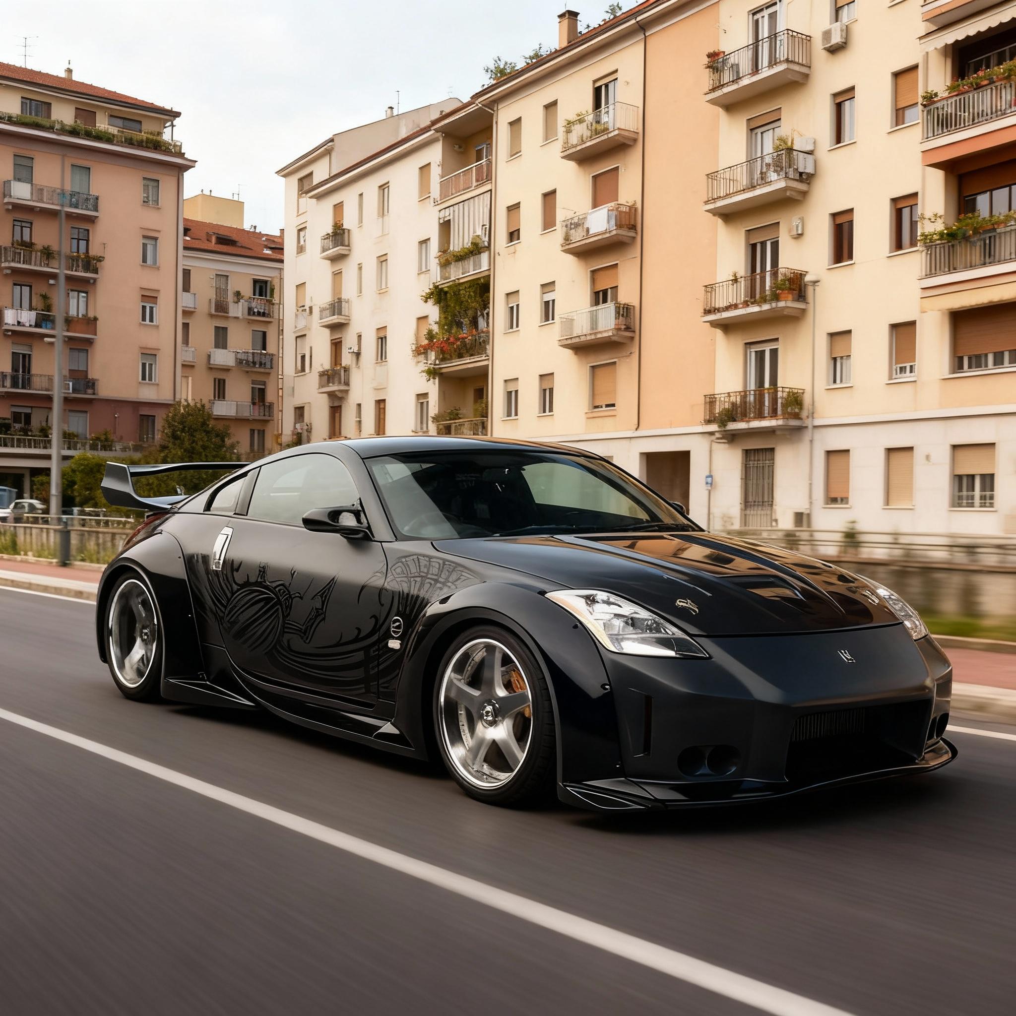 the car driving in european city, blocks and apartments