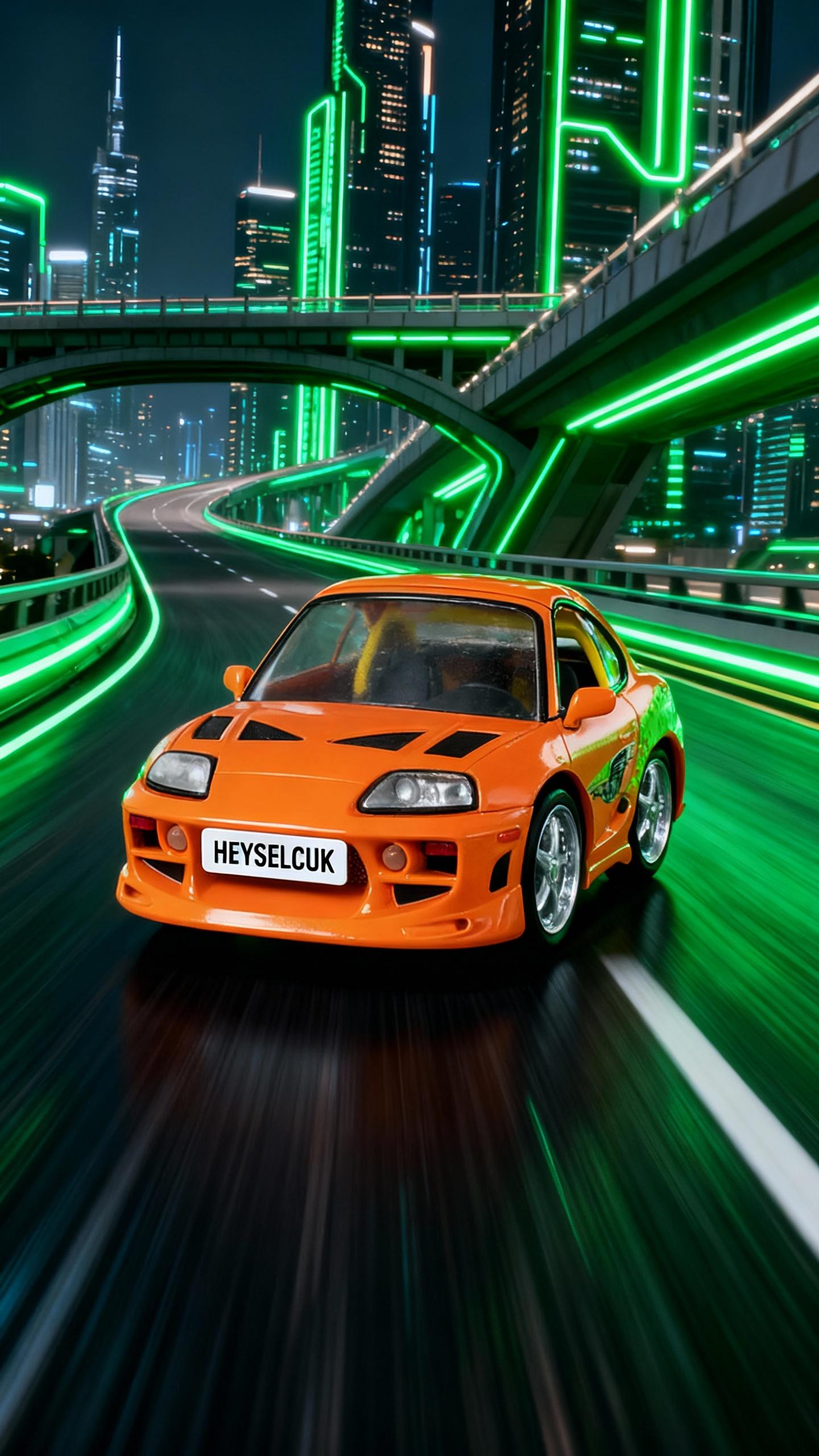the car has white license plate named: "HEYSELCUK" on the front bumper and is driving very fast on highway of a futuristic city, bridges and sky scrapers, green neon lights, motion blur