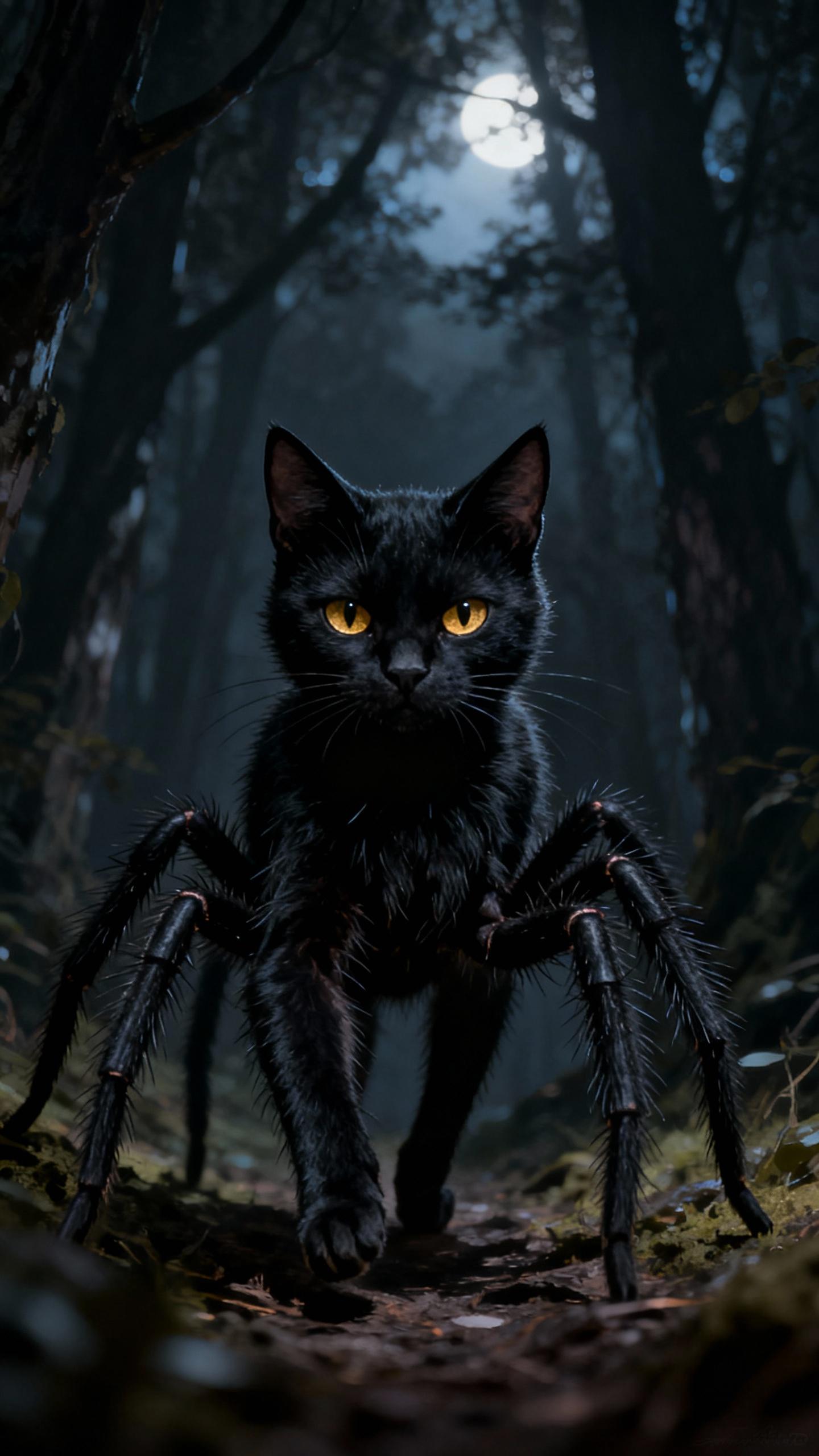 black cats head on black tarantula body, walking in forest
