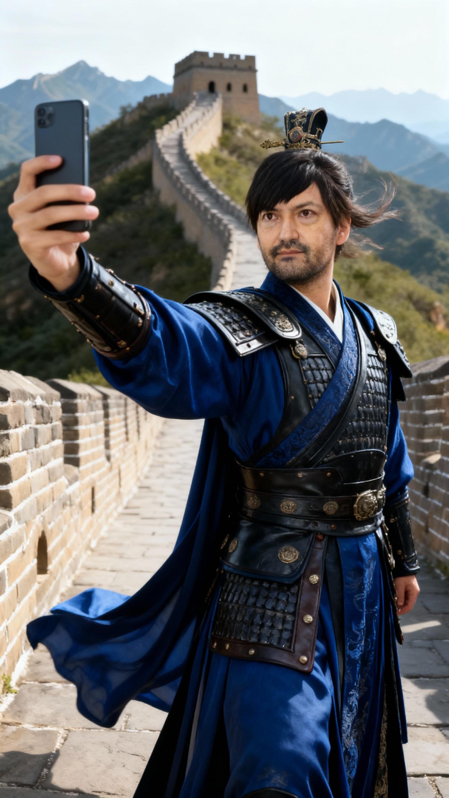 Wide-angle smartphone selfie, right arm stretched forward holding a phone, slight lens distortion.
A masculine warrior Chinese king wearing blue and black armored imperial robes, leather and metal details, broad shoulders, strong posture, no feminine elements, no flowing silk.
Standing on the Great Wall of China, stone wall and watchtowers stretching across mountains.
Wind moving fabric, natural daylight, realistic skin texture, sharp subject, slightly softer background, ultra-photorealistic.