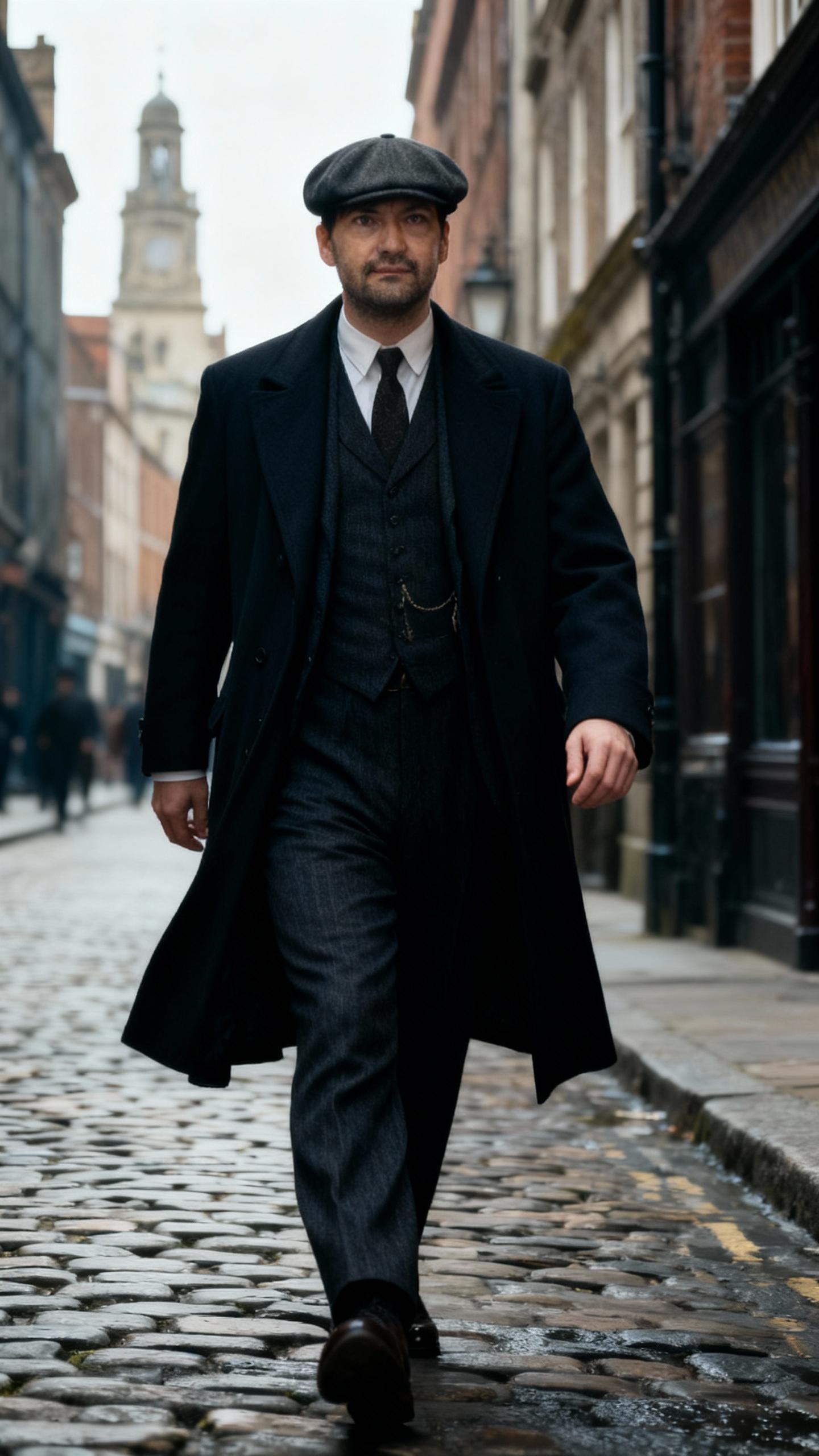 the man is wearing like thomas shelby, walking in historic city with serious look, cinematic dark color grading