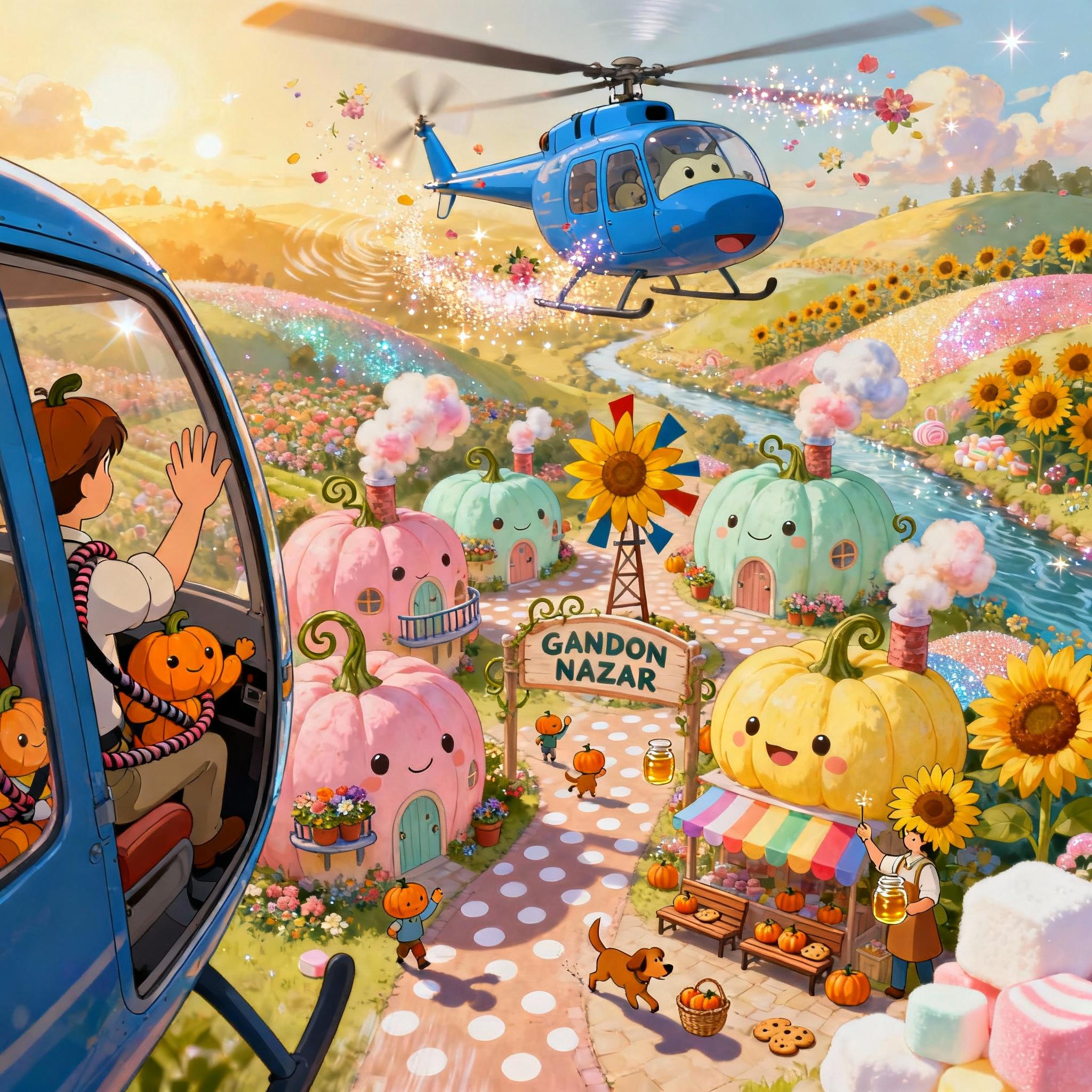 "Helicopter Tour Over Gandon Nazar – Pastel Pumpkin Paradise" A cheerful blue helicopter hovers above the vibrant village of Gandon Nazar, its rotor blades stirring up a gentle breeze that sends flower petals and glittering dust swirling through the air. The camera looks down from the open side door, capturing: Village Layout (Bright &amp; Whimsical) Hundreds of pastel pumpkin houses in soft pink, mint green, and buttery yellow, each with: Round smiling-face doors Curly vine-shaped chimneys puffing out cotton-candy smoke Tiny balconies with flowerpot gardens The central "GANDON NAZAR" welcome sign, now with a giant sunflower weathervane spinning gently Polka-dot pathways connecting the houses, bustling with: Pumpkin-people waving up at the helicopter Pumpkin-dogs chasing their own shadows Market Square (Bustling &amp; Sweet) The Gandon Market stalls visible from above, their rainbow awnings fluttering A sunflower merchant holding up a honey jar as if offering it to the sky Tiny shopping baskets left on benches, filled with mini pumpkins and cookies Surrounding Landscape (Dreamy &amp; Lush) Rolling candy-colored hills dotted with gigantic sunflowers A sparkling sugar river winding through the valley Fluffy marshmallow clouds casting soft shadows Helicopter Details (Friendly &amp; Fun) Pilot’s hand visible, waving at villagers below Passenger seats filled with giggling pumpkin children (safety straps made of licorice) Rotor wash making the flower fields ripple like waves Lighting &amp; Effects Golden morning light making the village glow Soft lens flare bouncing off the helicopter’s windshield Gentle sparkle effects on the sugar river Art Style: Studio Ghibli meets Lisa Frank – whimsical, joyful, and impossibly colorful