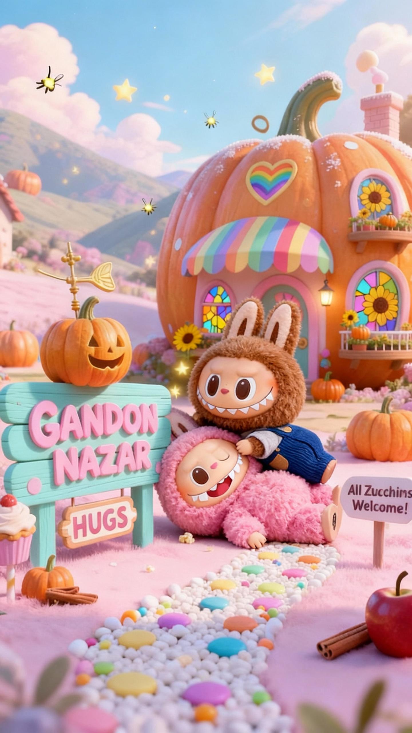 the pink labubu rabbit is laying on the road of pumpkin pastel paradise village "Gandon Nazar". the brown labubu is laying on top of the pink labubu rabbit