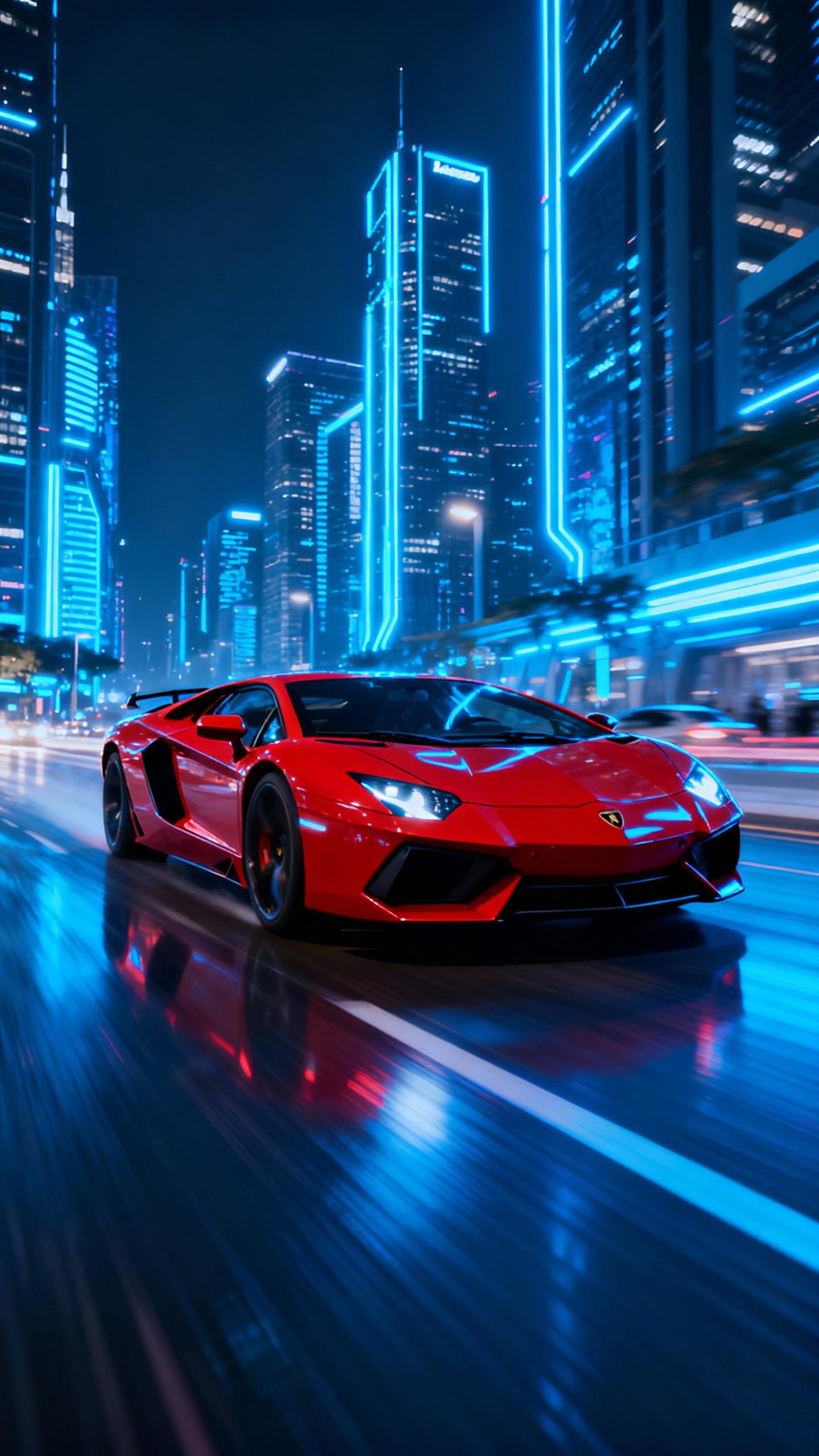 red lamborghini aventador driving very fast in futuristic city, sky scrapers at night, blue neon lights