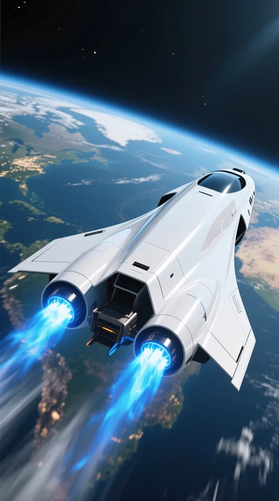A sleek, white, aerodynamic spacecraft, gliding at light speed, its surface shimmering with a glossy finish, the camera capturing the vibrant blue afterburner flames, as it soars towards the planet Earth.