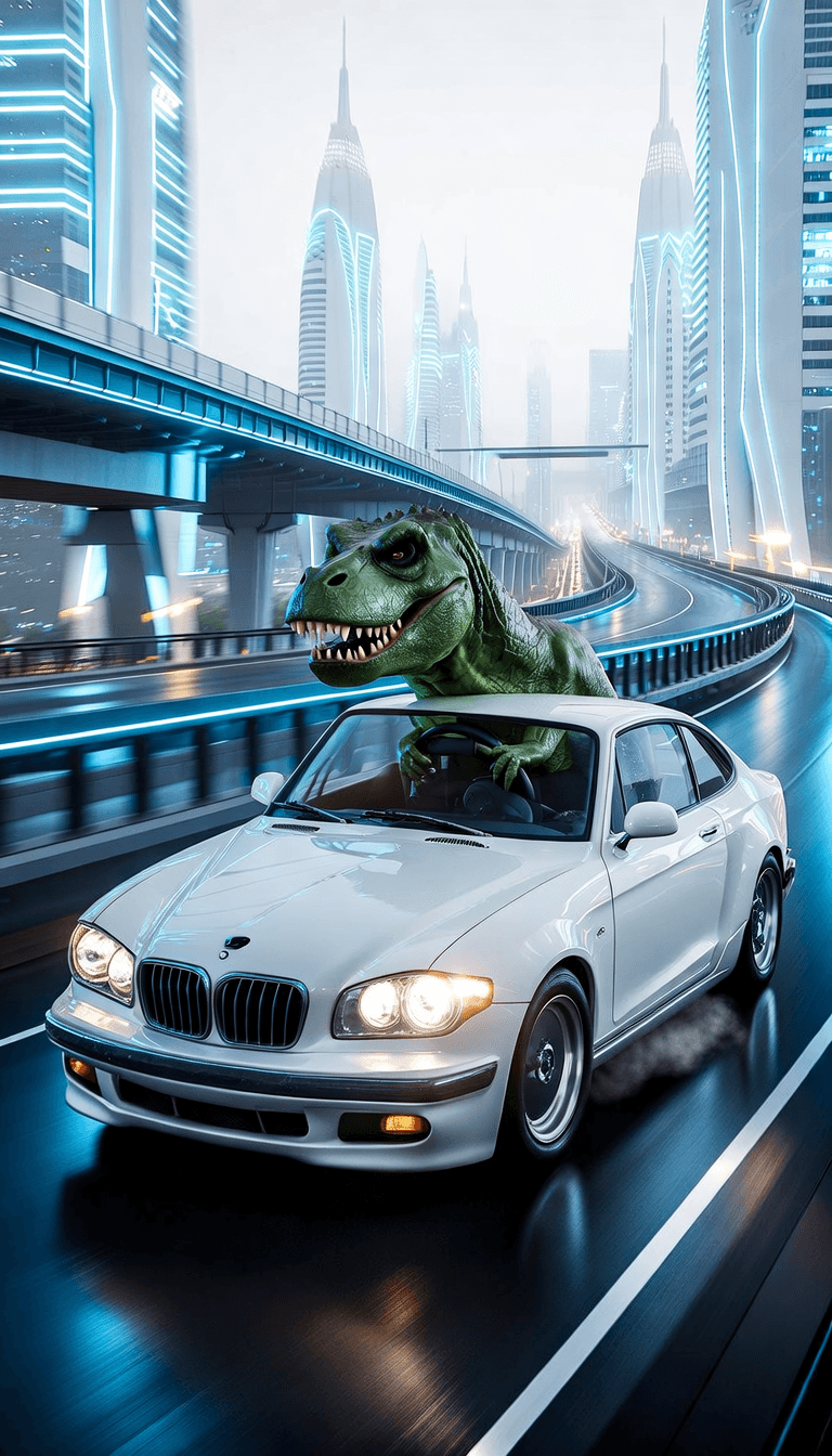 dinosaur driving white bmw e46 driving very fast on highway bridge in futuristic city with white sky scrapers at night, blue neon lights, motion blur