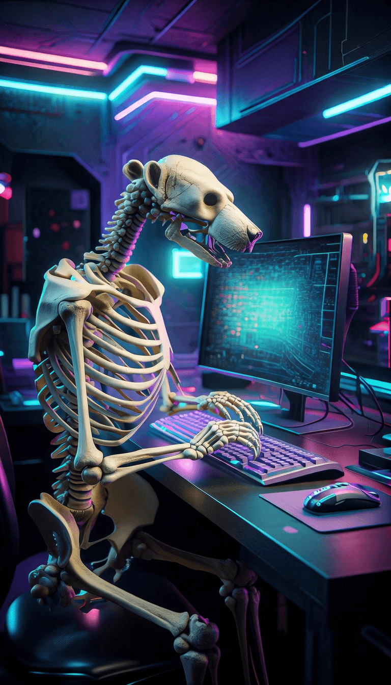 polar bear skeleton using ai on computer, monitor and keyboard in futuristic cyberpunk gaming room, neon lights