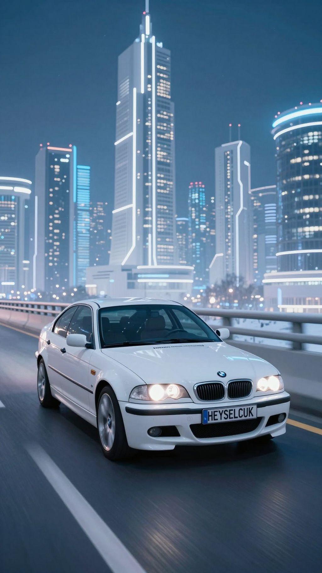 white snow leopard driving white bmw e46 with plate number "HEYSELCUK" driving very fast on highway bridge in futuristic city in winter with white sky scrapers at night, blue neon lights, motion blur
