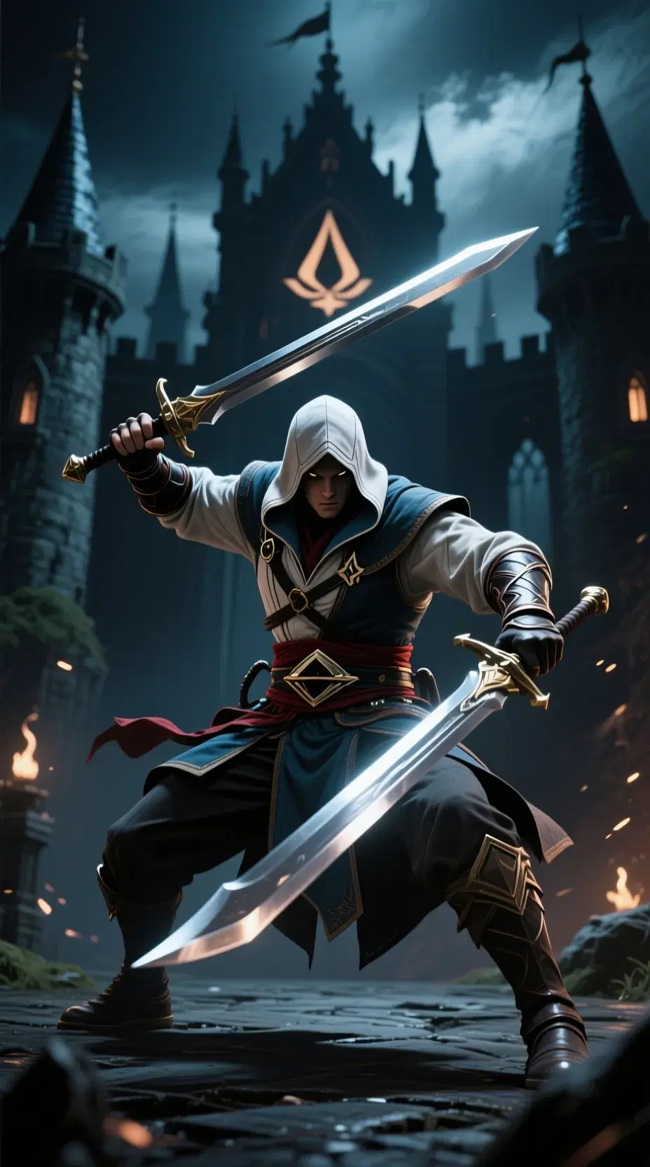assasins creed with long swords in both hands taking fight position in dark genshin impact castle
