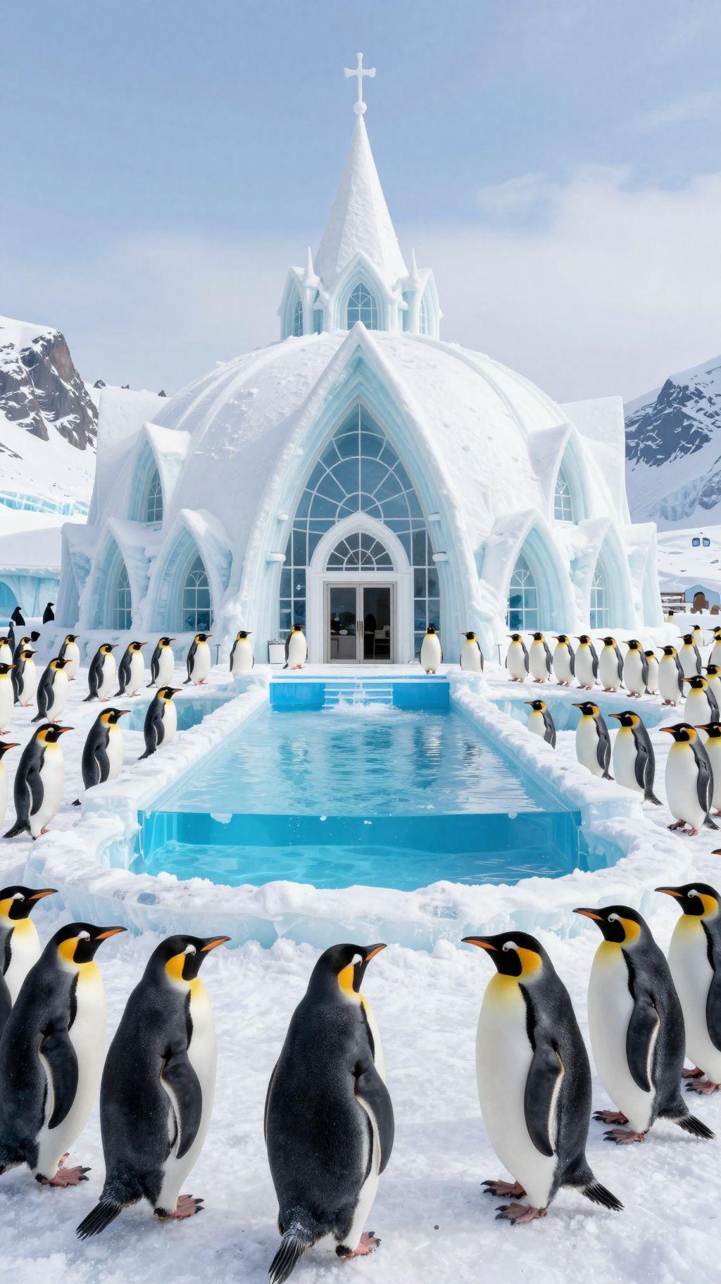 penguin paradise city with luxury ice hotel and frozen pool for penguins
