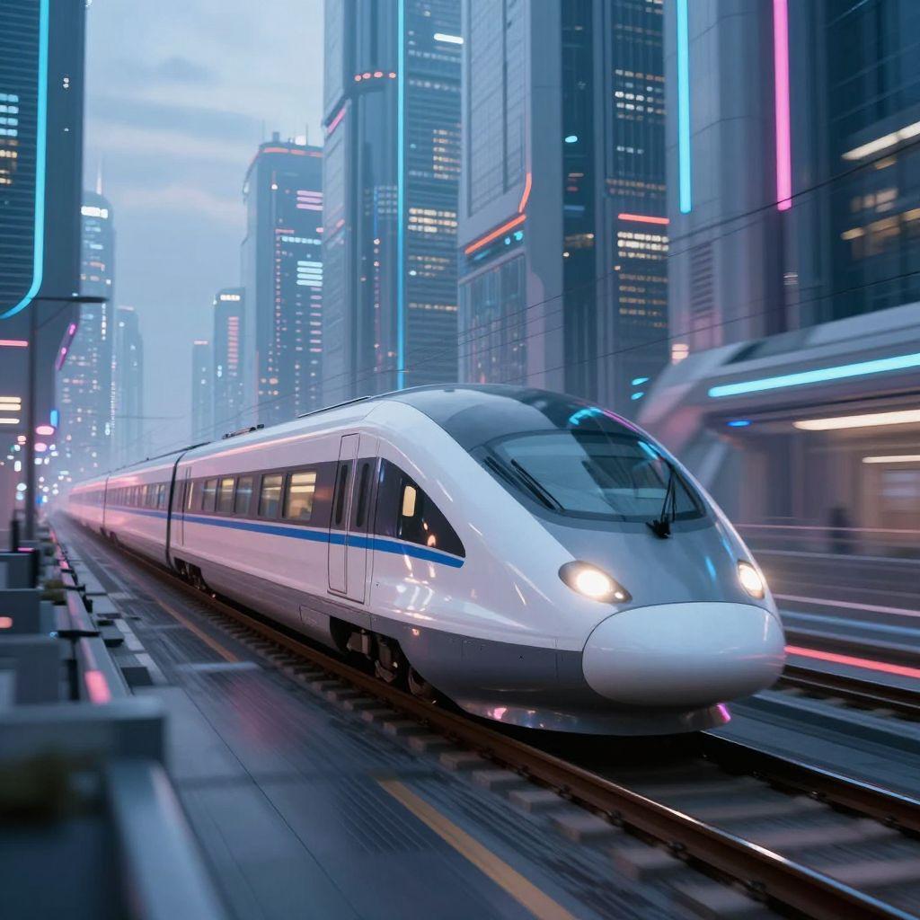 futuristic maglev train on railways in futuristic city with sky scrapers, neon lights, driving ultra fast, motion blur