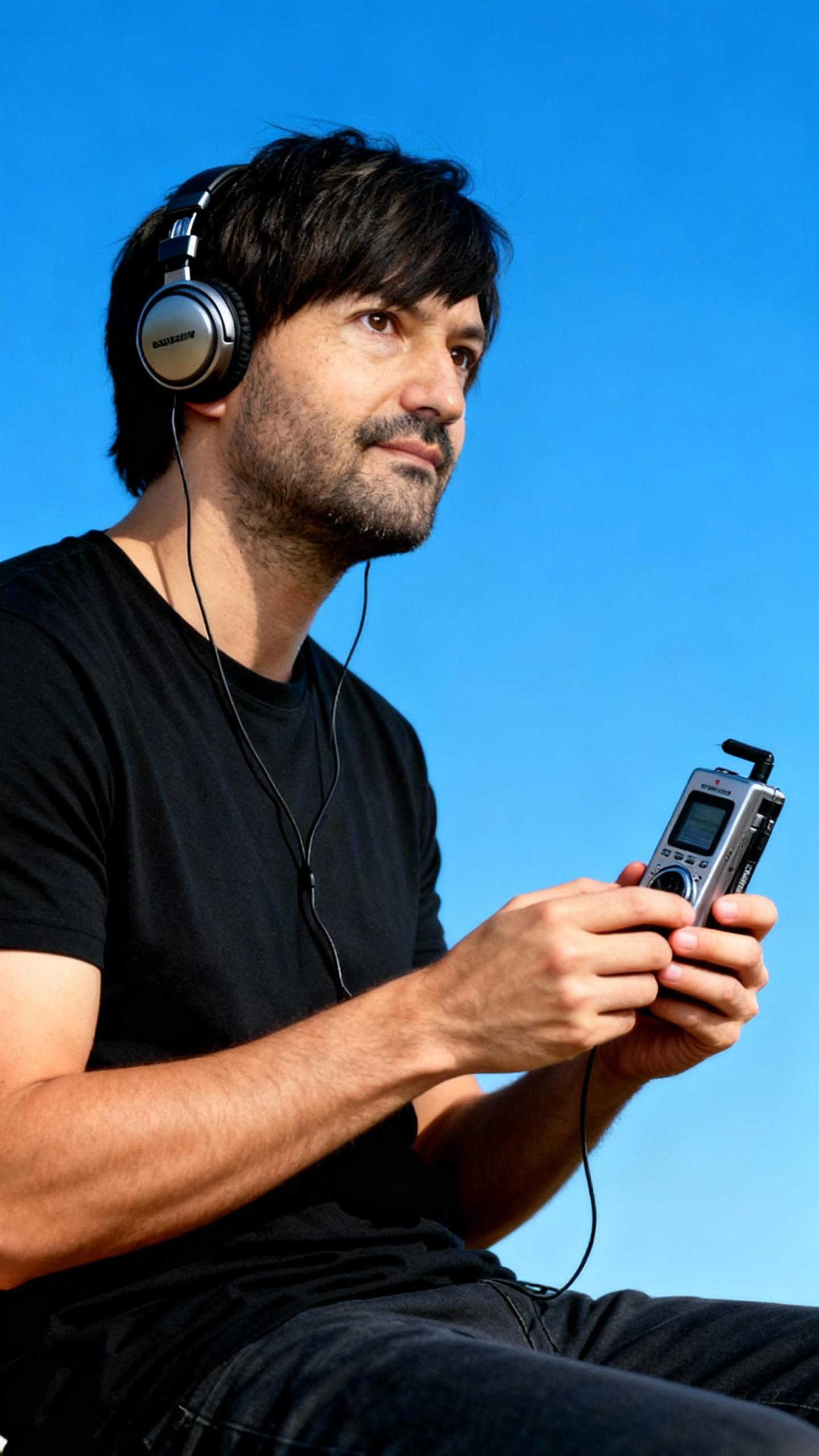 make the man listening to music with walkman in hand, in same position like the monkey, blue sky