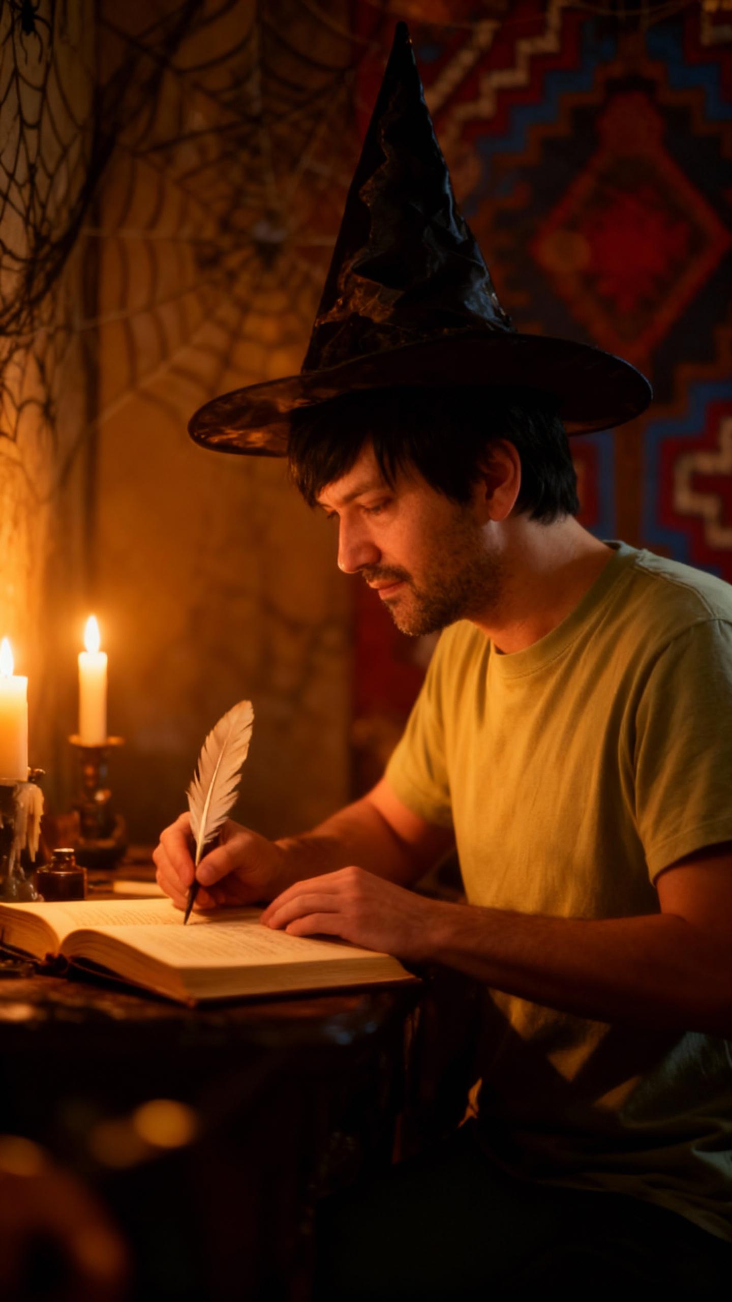 A man with a witch hat sits in a dimly lit, spooky Halloween-themed room, illuminated by candlelight. He is captured in profile, wearing a green shirt, and is in the process of writing with a feather on a book. The background features intricate spider web patterns on the walls, adding to the eerie atmosphere. The scene is bathed in a warm, golden tone, with a soft focus effect on the background, emphasizing the subject's detailed features.