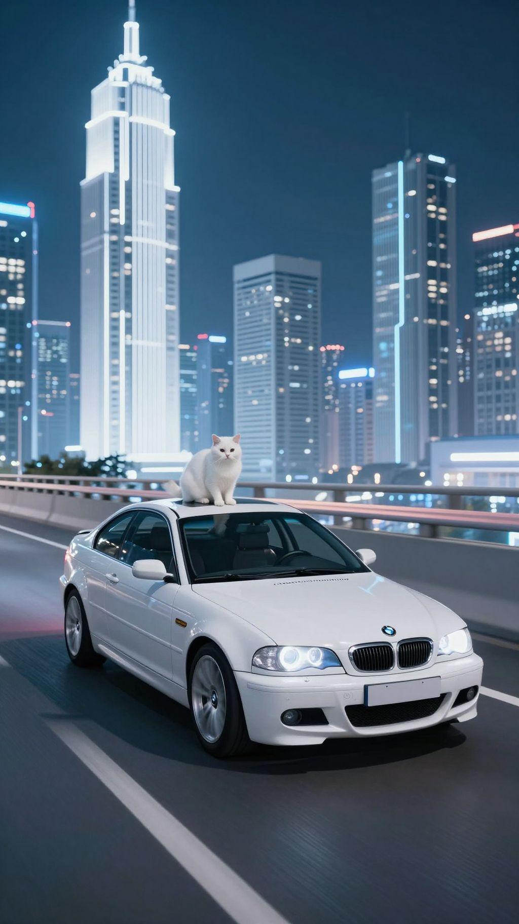 white cat driving white bmw e46 driving very fast on highway bridge in futuristic city with white sky scrapers at night, blue neon lights, motion blur