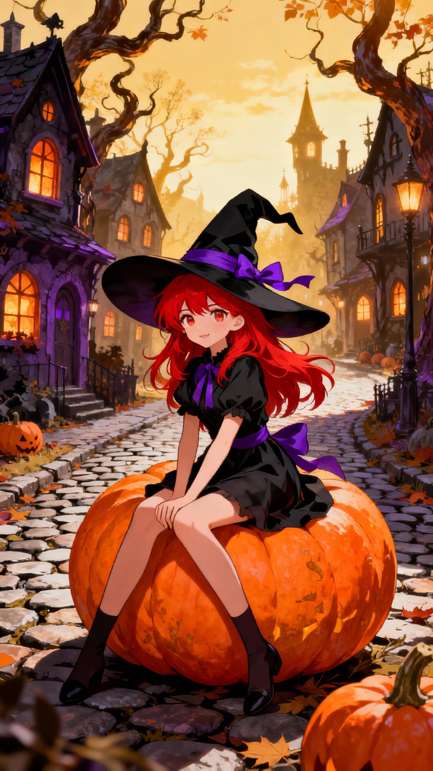 red haired anime girl, witch hat, sitting on pumpkin in spooky halloween village