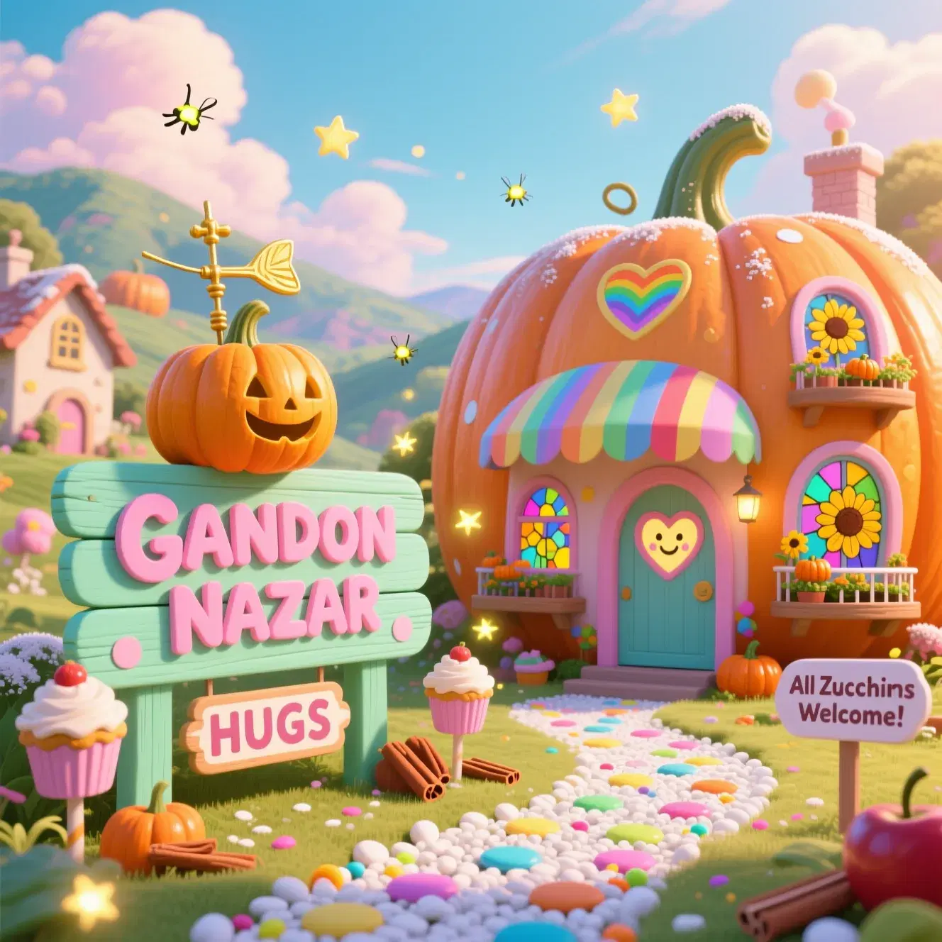 "GANDON NAZAR – The Pastel Pumpkin Paradise" A sun-drenched valley of gigantic, candy-colored pumpkins sparkles under a cotton-candy sky, their smooth pastel shells carved into cozy homes with: Rainbow-striped awnings over heart-shaped doorways Stained glass windows depicting smiling sunflowers Tiny balconies with mini pumpkin gardens Foreground Focus: A giant welcome sign in mint-green wood, with "GANDON NAZAR" in bubbly pink letters, topped with a golden pumpkin weathervane. A polka-dot pathway made of crushed white pebbles and rainbow sprinkles Atmosphere. Lighting: Glowing fireflies (shaped like tiny stars) float between houses Soft golden sunlight makes everything look lightly dusted with powdered sugar A gentle breeze carries the scent of cinnamon and caramel apples Adorable Touches.  "Open House" signs with cupcake-shaped posts ("All Zucchinis Welcome!") The shadow of the sign spells "HUGS" at noon Art Style: Studio Ghibli meets Lisa Frank—whimsical, sugary, and bursting with joy