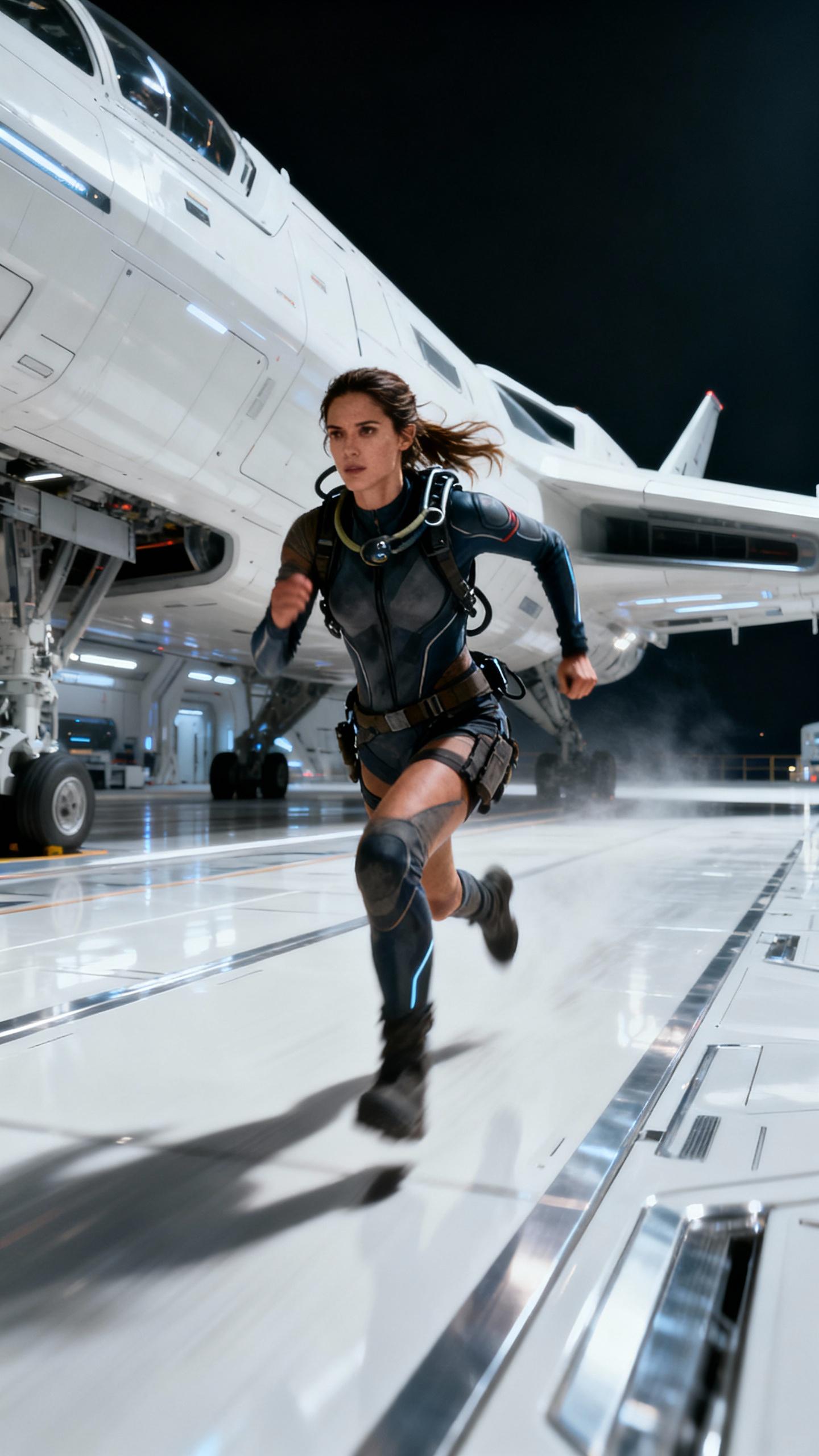 Lara Croft, clad in her signature diving suit, is captured in a dynamic pose as she sprints through the high-tech, futuristic space ship hangar. The scene is bathed in a soft, diffused light that accentuates the sleek, white glossy surfaces of the ship, while the background is shrouded in darkness, creating a stark contrast that highlights the subject. The image is captured with a wide-angle lens, providing a sense of depth and scale, and is rendered in a cinematic style with a focus on capturing the action and movement of the scene.