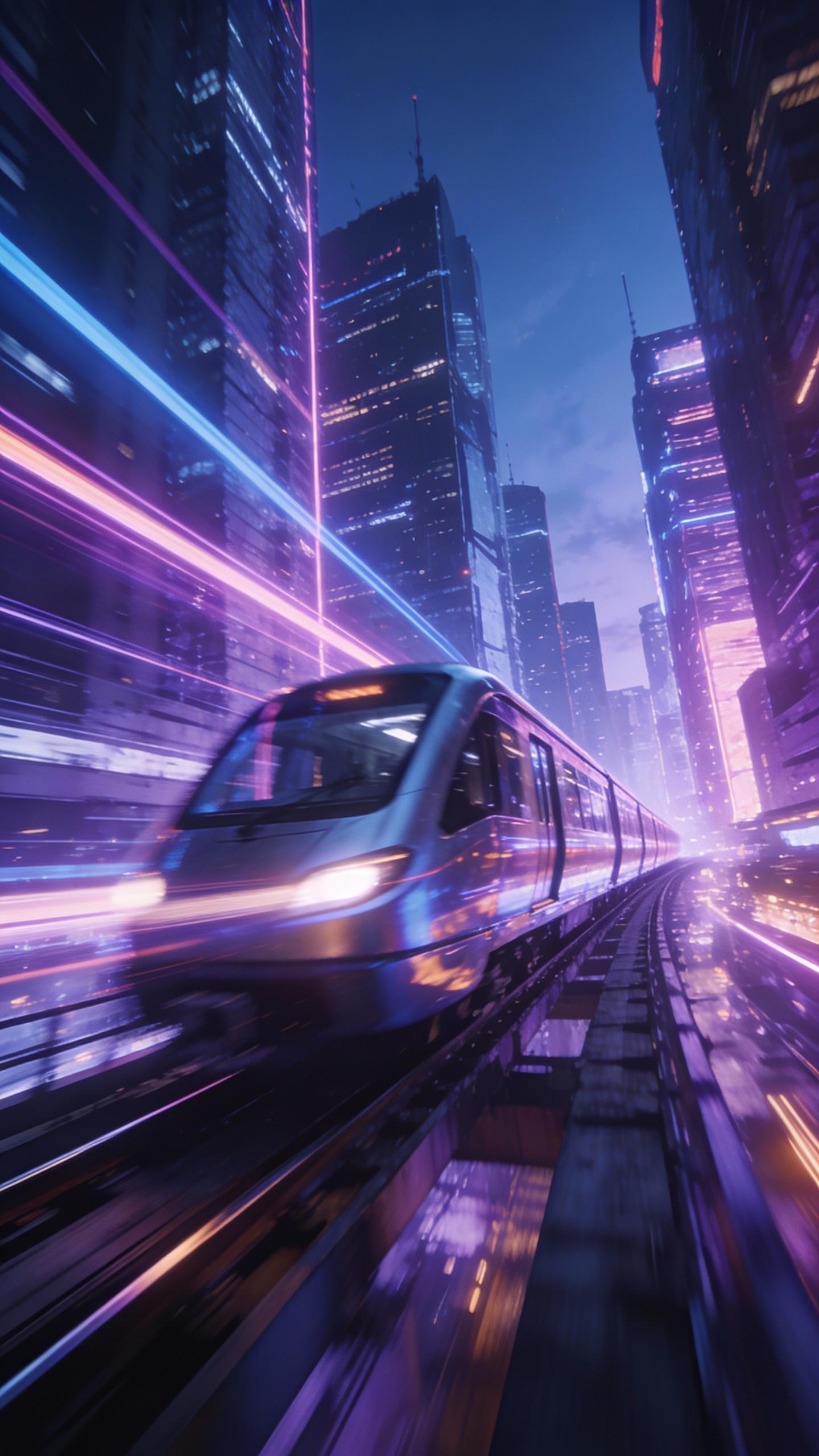 futuristic maglev train on railways in futuristic city with sky scrapers, neon lights, driving ultra fast, motion blur