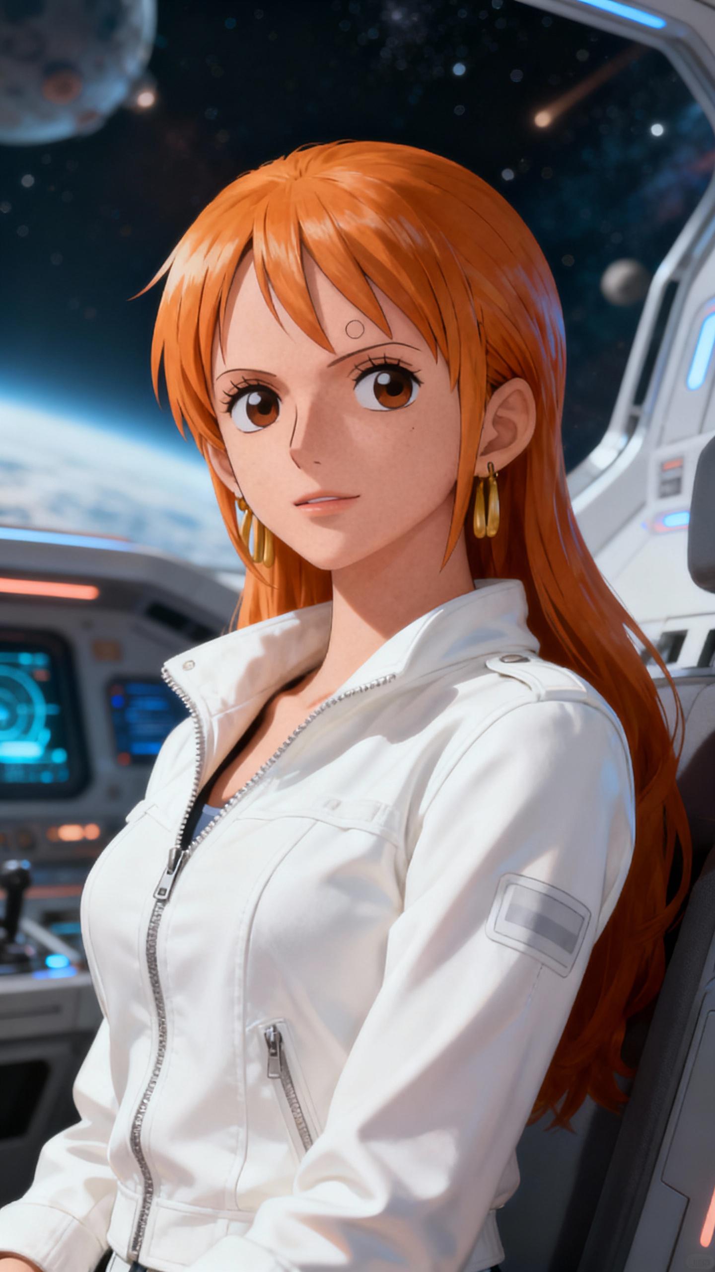 Nami, the beloved character from One Piece, is depicted in a futuristic space setting, wearing a white jacket. The scene is captured in a photorealistic digital art style, with a focus on capturing the character's persona. The lighting is soft and diffused, creating a volumetric effect that adds depth to the image. The composition is carefully composed, with Nami positioned slightly off-center, following the rule of thirds. The image is captured with a high-resolution camera, resulting in a sharply detailed and professional photograph. The color grading is warm, with a focus on enhancing the character's features. The image is a masterpiece of high-end still image generation