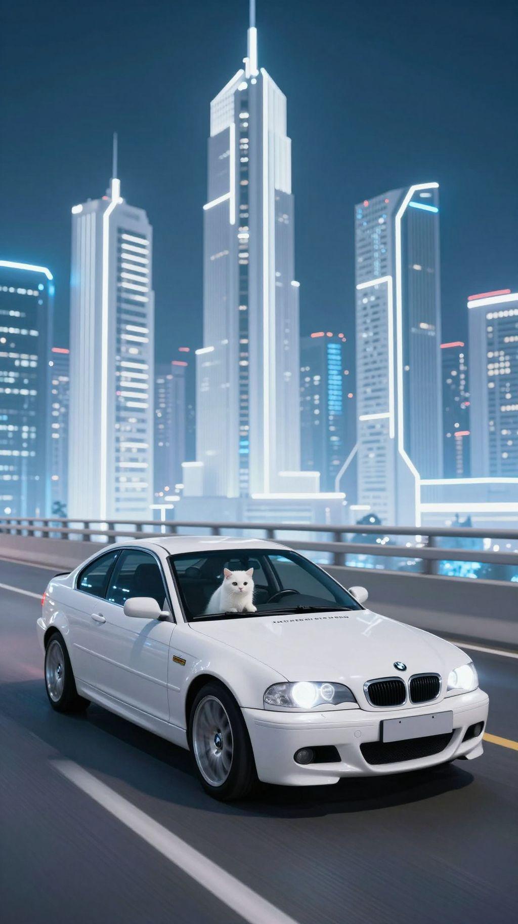 white cat driving white bmw e46 driving very fast on highway bridge in futuristic city with white sky scrapers at night, blue neon lights, motion blur