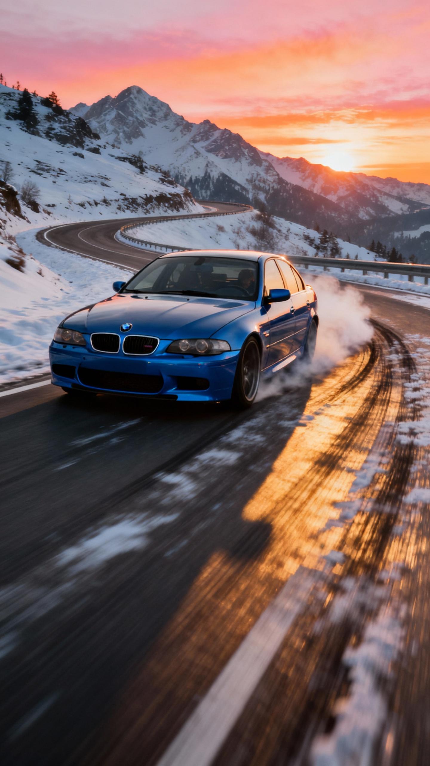 blue metallic bmw m5 e60 drifting on a curvy highway, snowy mountains, sunset