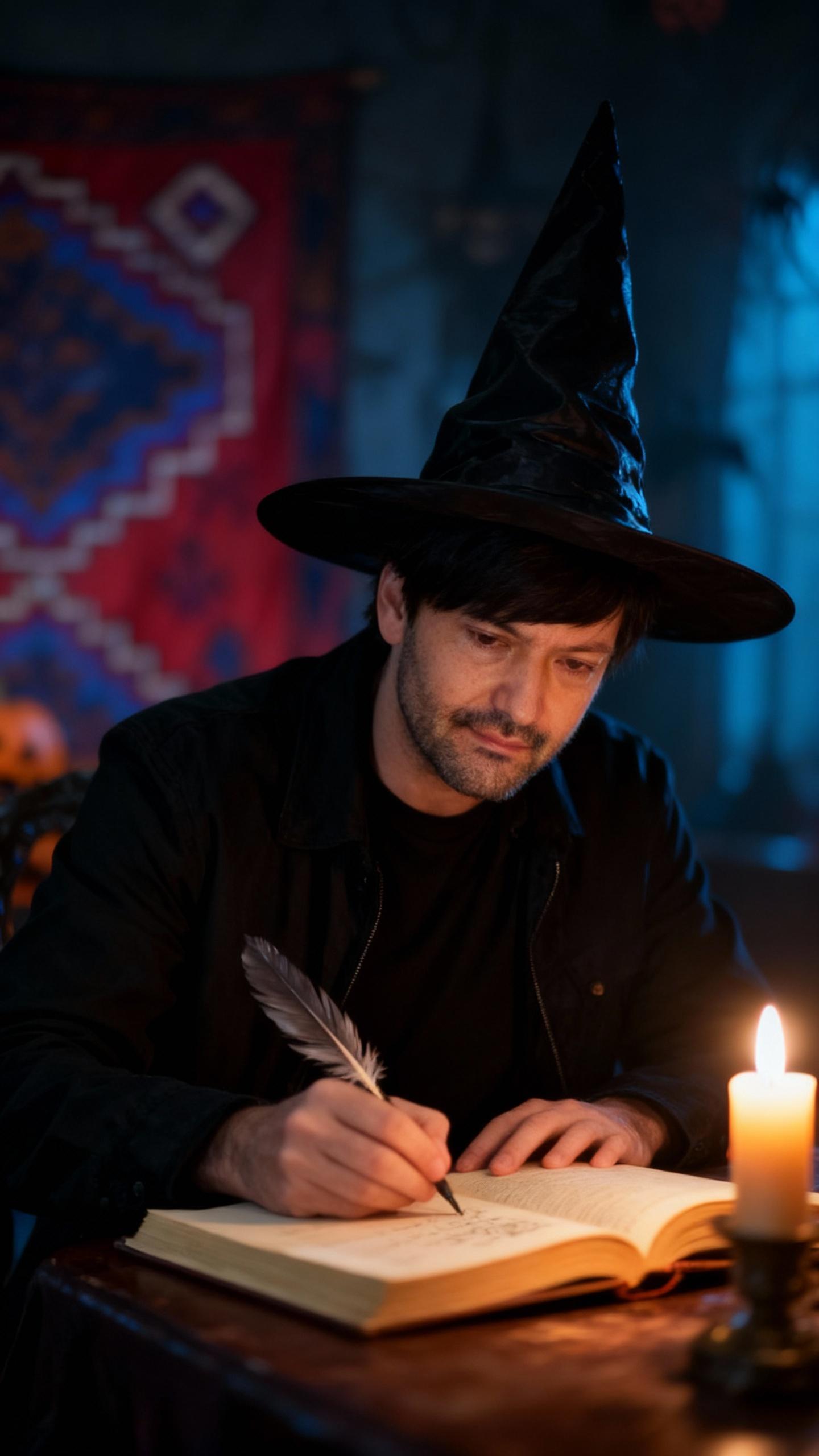 In a dimly lit, spooky Halloween-themed room, a man with a witch hat and black jacket sits at a table, intently writing on a book with a feather. The scene is illuminated by the soft glow of a candle, casting a warm, inviting light on the man and his writing. The background features a vibrant, colorful tapestry with geometric patterns, adding a festive yet mysterious atmosphere to the setting. The image is captured with a high-resolution, cinematic camera, showcasing a sharp focus on the subject, with a shallow depth of field, emphasizing the man and his book. The artistic style is photorealistic, with a cinematic feel, capturing the mood of a quiet, introspective moment.