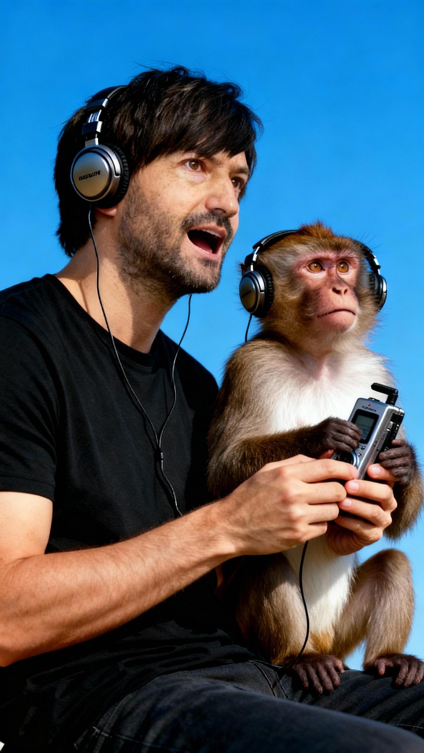 man and monkey side by side, both listening to music, same expression