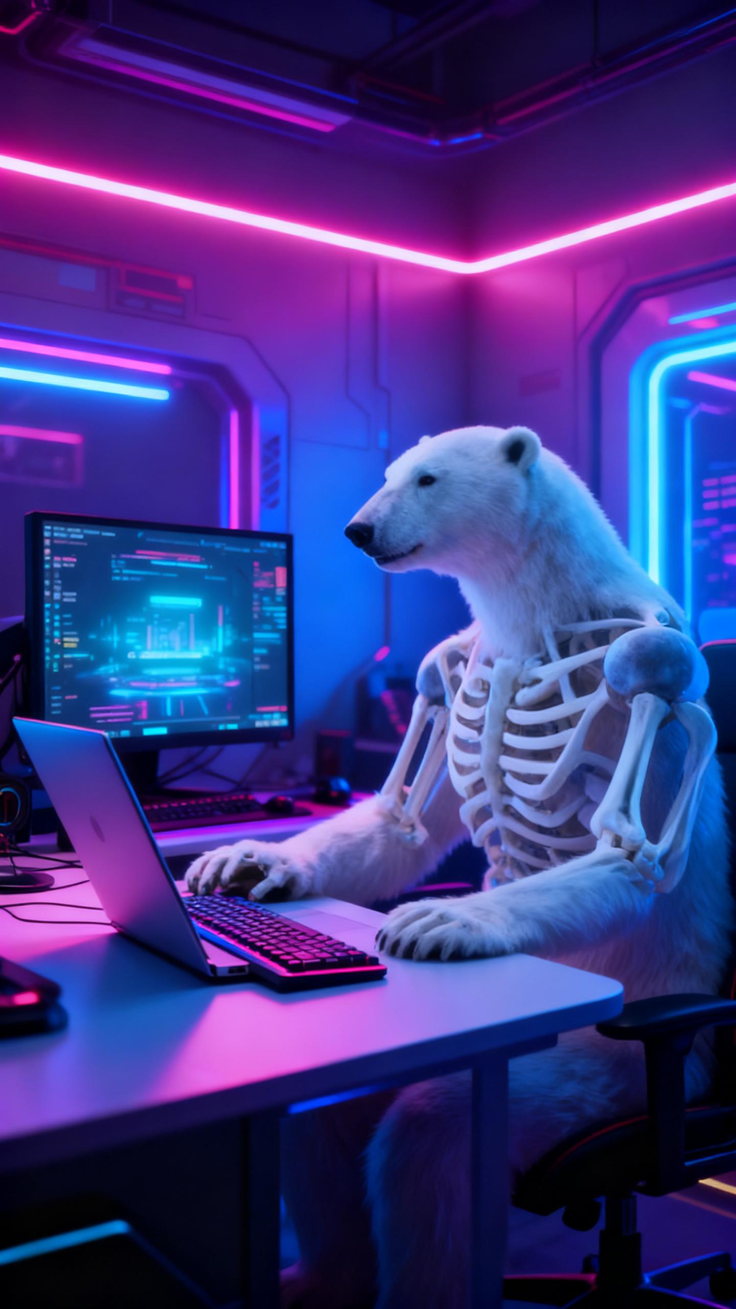 skeleton of polar bear skeleton using ai on computer, monitor and keyboard in futuristic cyberpunk gaming room, neon lights