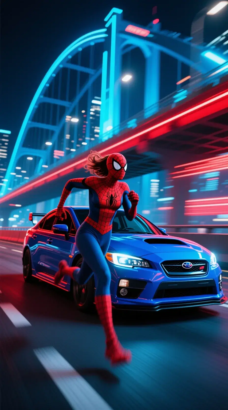 spiderman woman running very fast on side of a blue and red subaru on highway in futuristic city bridge at night, blue and red neon lights, motion blur