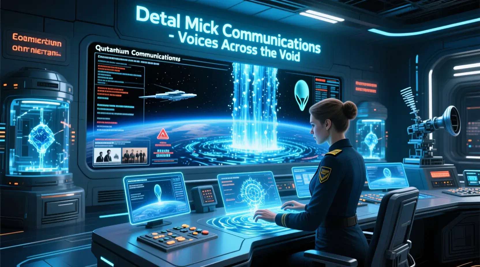 masterpiece, best quality, photorealistic, 8k, ultra-detailed, data-stream lighting,
The quantum communications array of Detal Mick, linking to other ships and colonies across light-years,
Communications officer Renn manipulates entangled particle streams, her hands moving through holographic controls that ripple like water,
Main display wall showing real-time communications from across human space - colony updates, distress signals, scientific data streams,
Quantum entanglement chambers where paired particles are kept in perfect synchronization, glowing with correlated spin states,
Linguistic AI processors translating between 300 human dialects and 12 alien languages, text flowing in cascading waterfalls of light,
Archive of first contact protocols, each stored in crystalline memory with holographic recordings of historic meetings,
Emergency broadcast station with FTL-capable transmission array, ready to send messages that arrive before they're technically sent,
Blue and silver color scheme with data flowing across every surface, sense of being connected to thousands of distant points,
"Detal Mick Communications - Voices Across the Void" glowing above main console bank.
