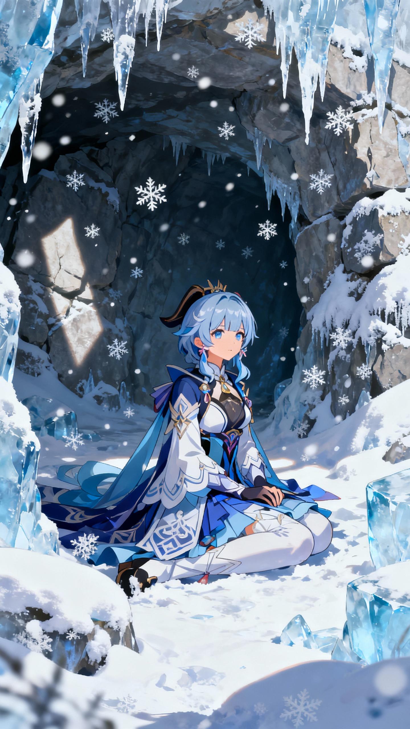 female genshin impact woman with costume sitting in snowy cave, freezing cold ice