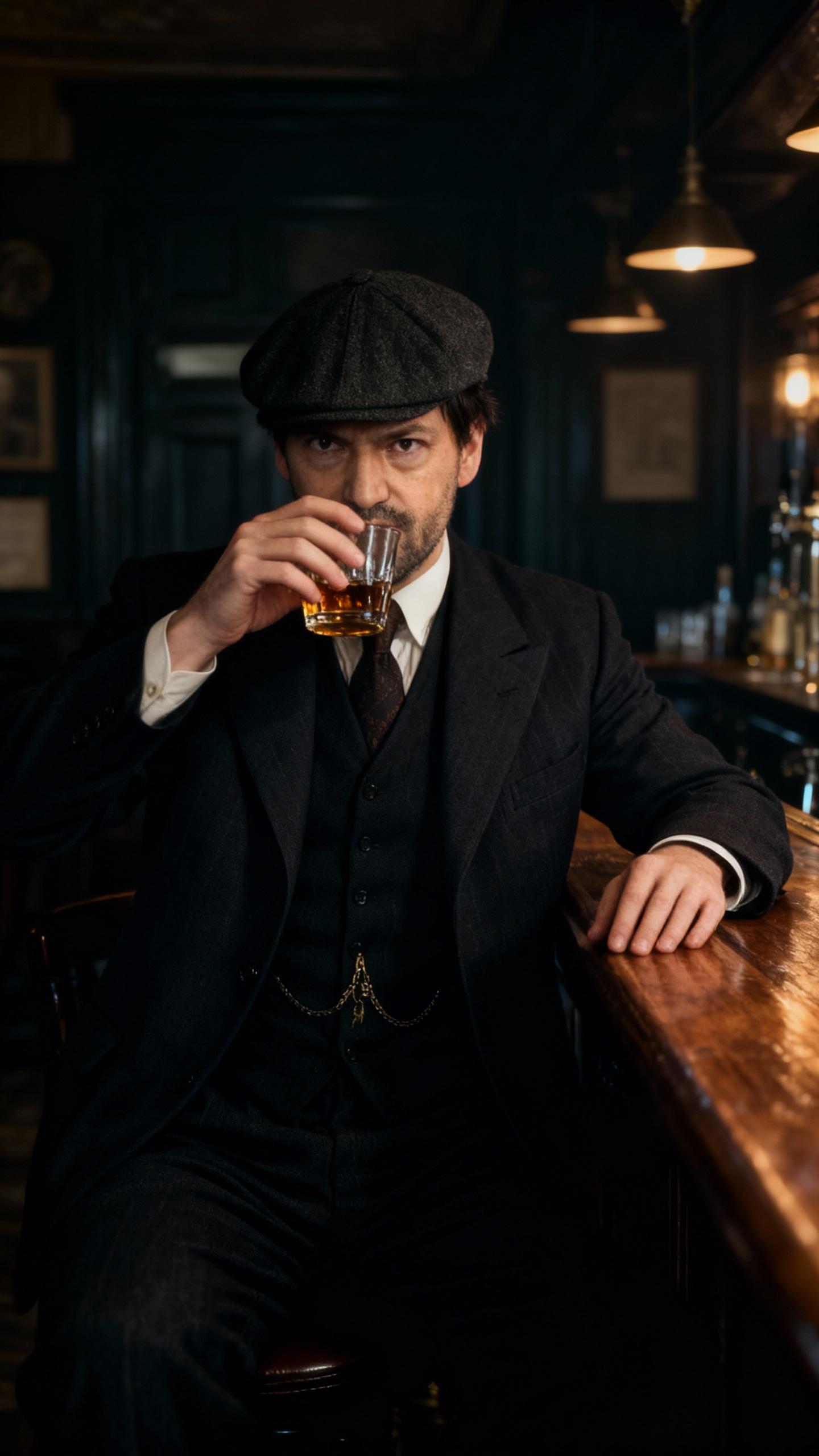 the man is wearing like thomas shelby, sitting in old dark bar from year 1800 with oak counter top and drinking whiskey, serious look, cinematic dark color grading
