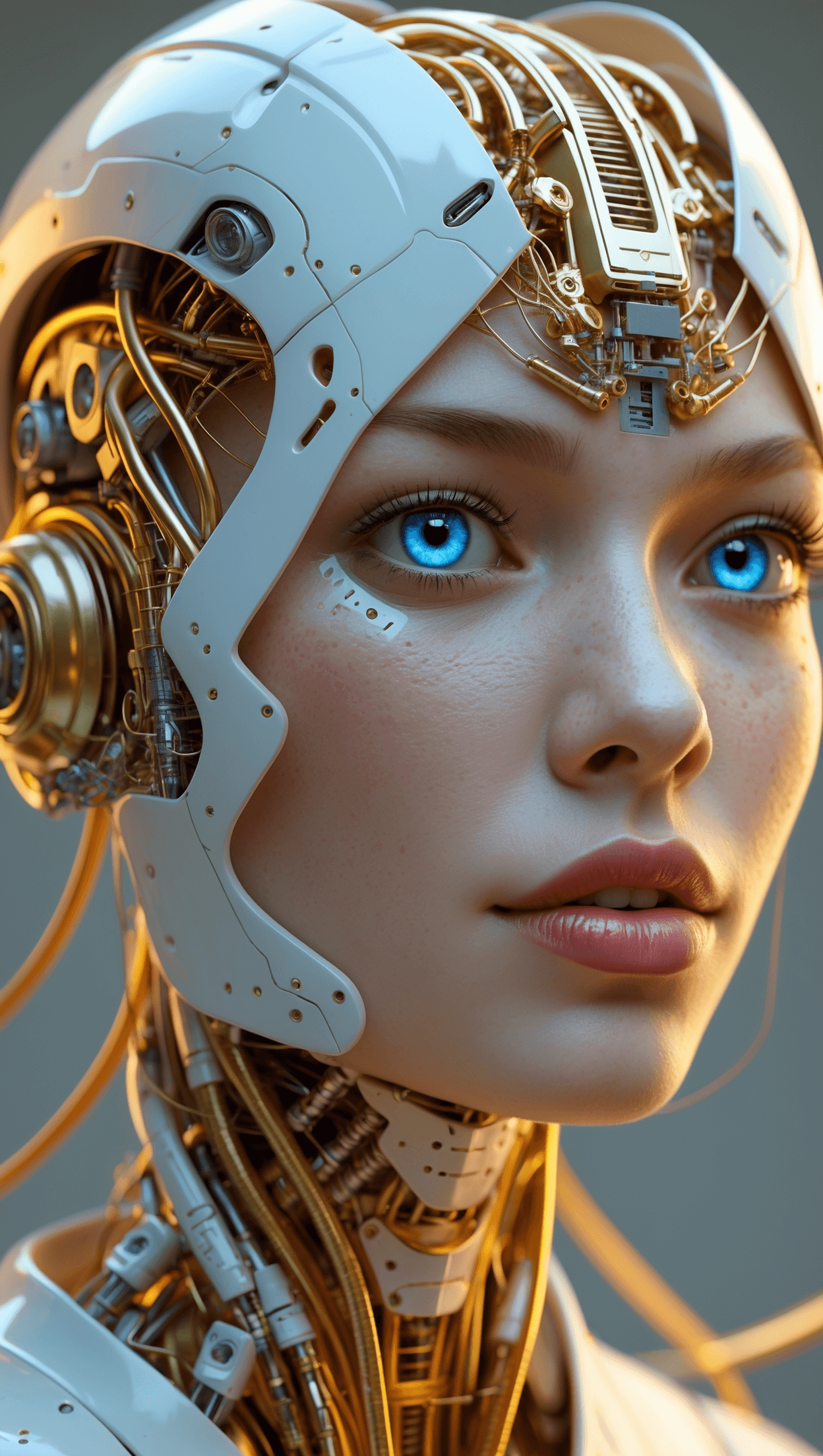 "A stunning portrait of a futuristic cyborg woman with delicate facial features and a complex network of gold mechanical components integrated into her head and neck. She has a white helmet-like structure covering part of her face, revealing expressive eyes. The overall aesthetic is highly detailed, realistic, and reminiscent of concept art for a sci-fi film. Soft lighting enhances the contrast between the organic and metallic elements."