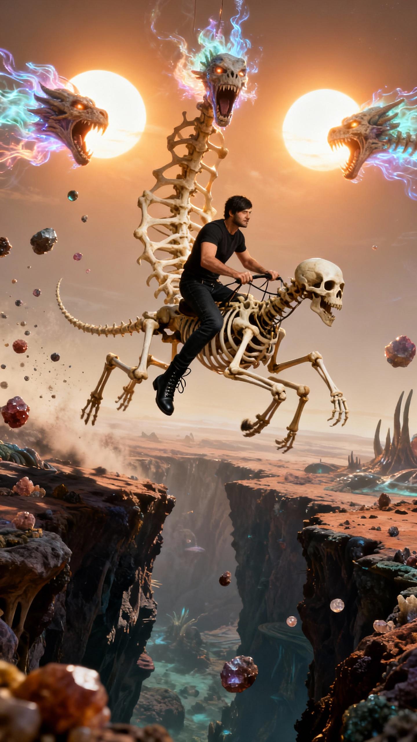 action shot of a man expertly steering a six-limbed skeletal creature mid-leap over a chasm on an alien world, fractal bone structure catching the light of twin suns, three heads roaring with ethereal energy, jeans and boots visible, adrenaline-filled moment, suspended in air with floating mineral particles, dynamic angle, epic fantasy, photorealistic