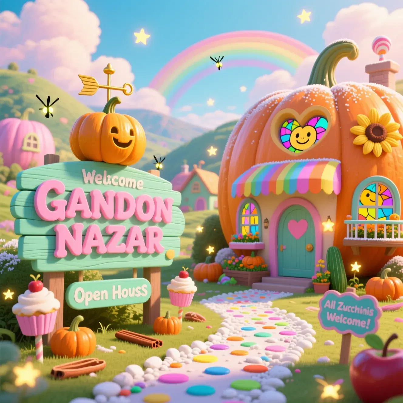 "GANDON NAZAR – The Pastel Pumpkin Paradise" A sun-drenched valley of gigantic, candy-colored pumpkins sparkles under a cotton-candy sky, their smooth pastel shells carved into cozy homes with: Rainbow-striped awnings over heart-shaped doorways Stained glass windows depicting smiling sunflowers Tiny balconies with mini pumpkin gardens Foreground Focus: A giant welcome sign in mint-green wood, with "GANDON NAZAR" in bubbly pink letters, topped with a golden pumpkin weathervane. A polka-dot pathway made of crushed white pebbles and rainbow sprinkles Atmosphere. Lighting: Glowing fireflies (shaped like tiny stars) float between houses Soft golden sunlight makes everything look lightly dusted with powdered sugar A gentle breeze carries the scent of cinnamon and caramel apples Adorable Touches.  "Open House" signs with cupcake-shaped posts ("All Zucchinis Welcome!") The shadow of the sign spells "HUGS" at noon Art Style: Studio Ghibli meets Lisa Frank—whimsical, sugary, and bursting with joy.