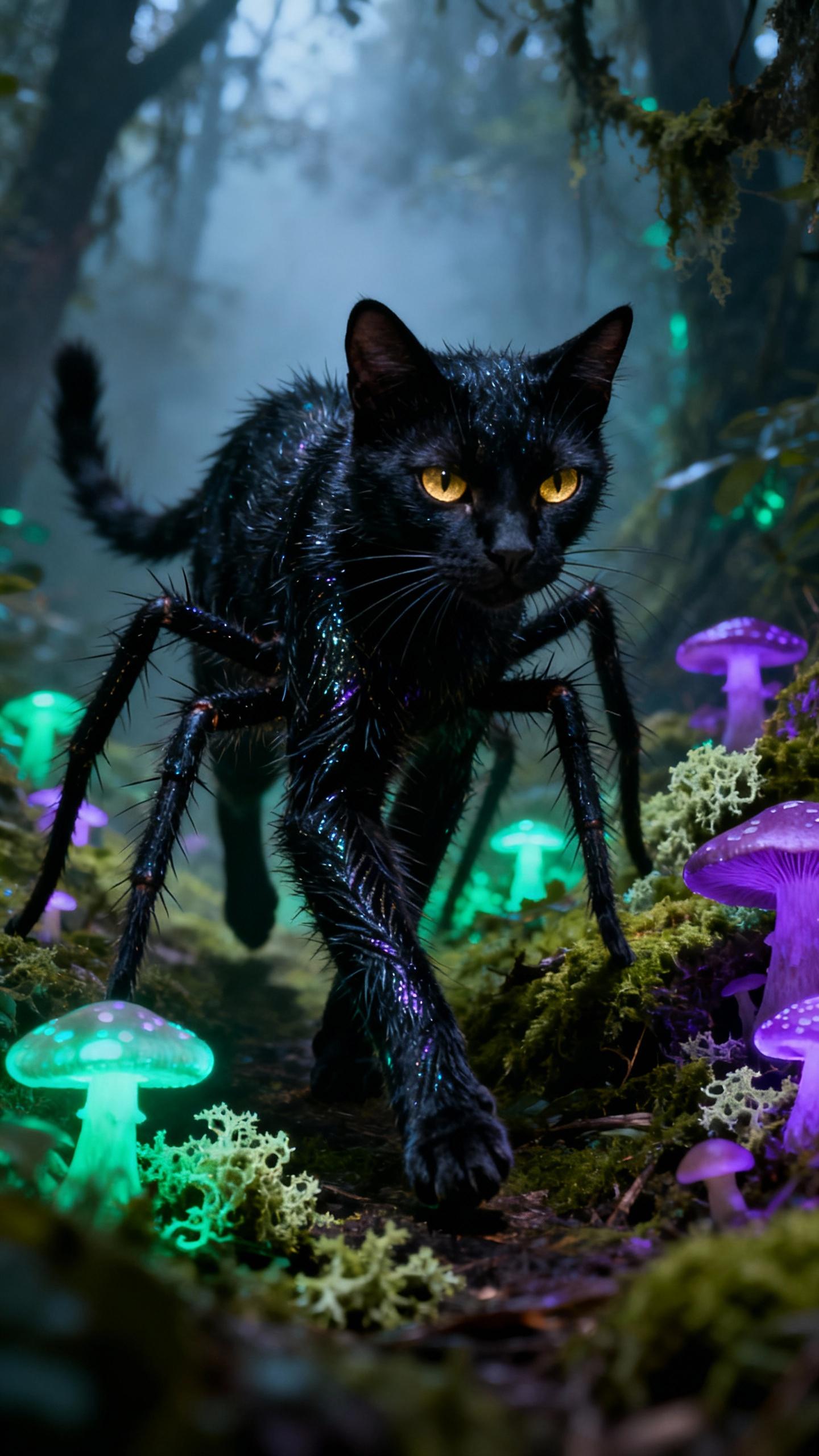 In the heart of a dense forest, a black cat with a menacing gaze is seen striding confidently, its body elongated and covered in a shimmering black tarantula skin. The scene is illuminated by the eerie glow of bioluminescent plants, casting an otherworldly light on the cat's form.