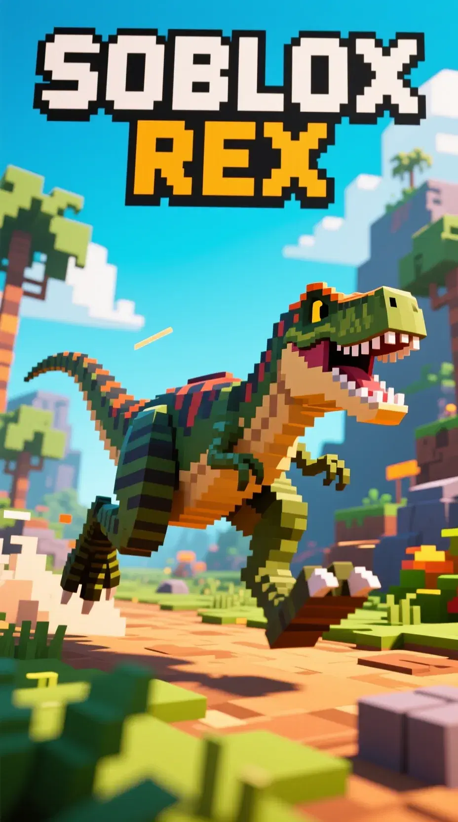 soblox rex saurus running fast in prehistoric pixel world, roblox game style, text: SOBLOX REX