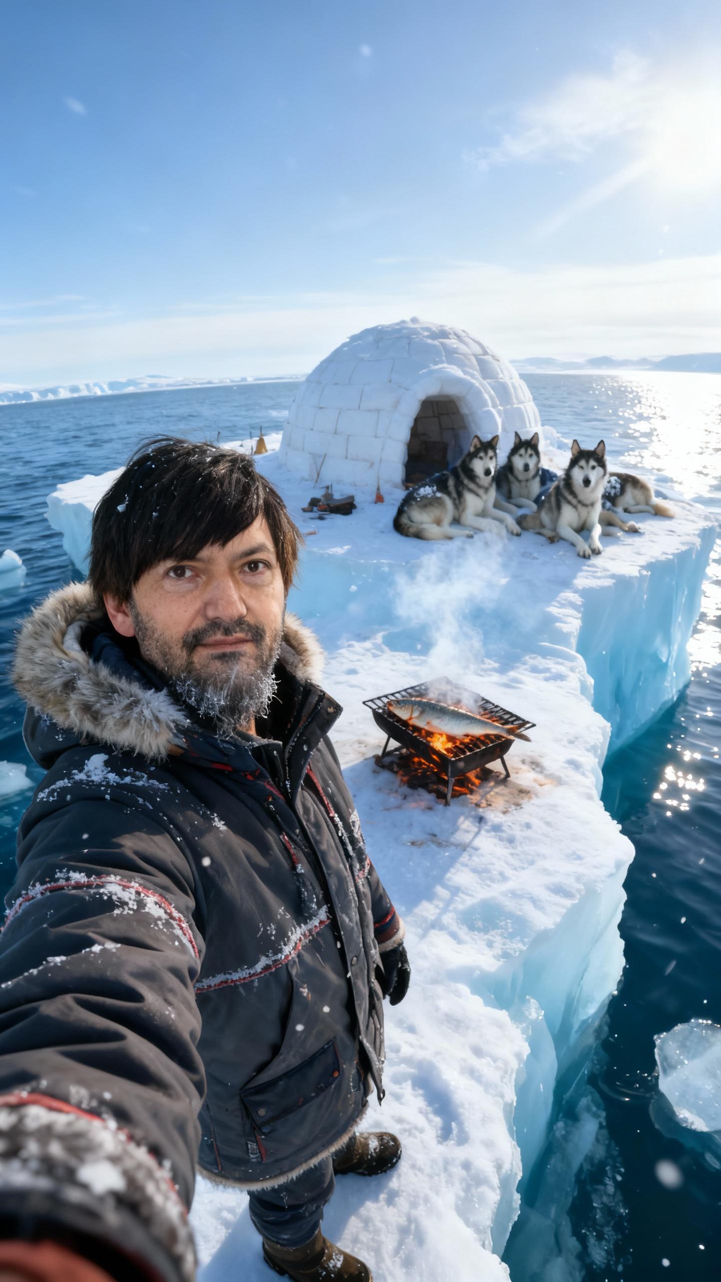 A hyper-realistic wide-angle selfie taken with a smartphone front camera, cold breath visible, slight edge distortion.
A man wearing a thick insulated Eskimo-style parka with fur-lined hood, frost forming on fabric seams and facial hair.

He stands on a massive iceberg surrounded by icy ocean water. In front of him, a small open fire grill cooks freshly caught fish, smoke drifting into the cold air.

Behind him sits a traditional igloo, with several husky dogs resting nearby, their fur detailed and slightly snow-dusted.

Cold Arctic lighting: blue-white tones, crisp highlights, realistic ice reflections, wind blowing snow particles.

Smartphone realism: sharp subject, cold color balance, natural exposure, survival-style candid selfie.

Ultra-photorealistic, believable, no fantasy elements.