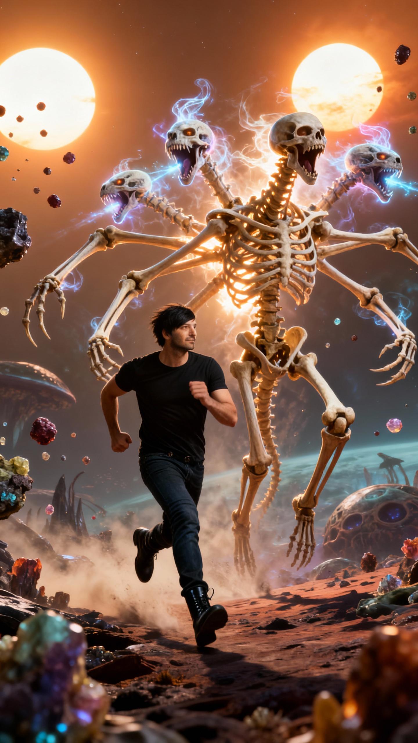 action shot of a man expertly running side by side with a six-limbed skeletal creature in an alien world, fractal bone structure catching the light of twin suns, three heads roaring with ethereal energy, jeans and boots visible, adrenaline-filled moment, floating mineral particles, dynamic angle, epic fantasy, photorealistic