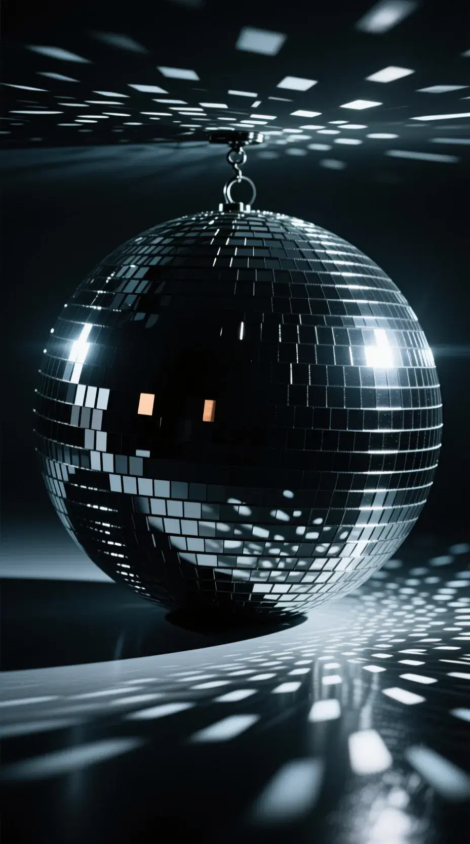 A large, glossy black disco ball with a mesmerizing light show, casting a dramatic shadow on the surrounding area.