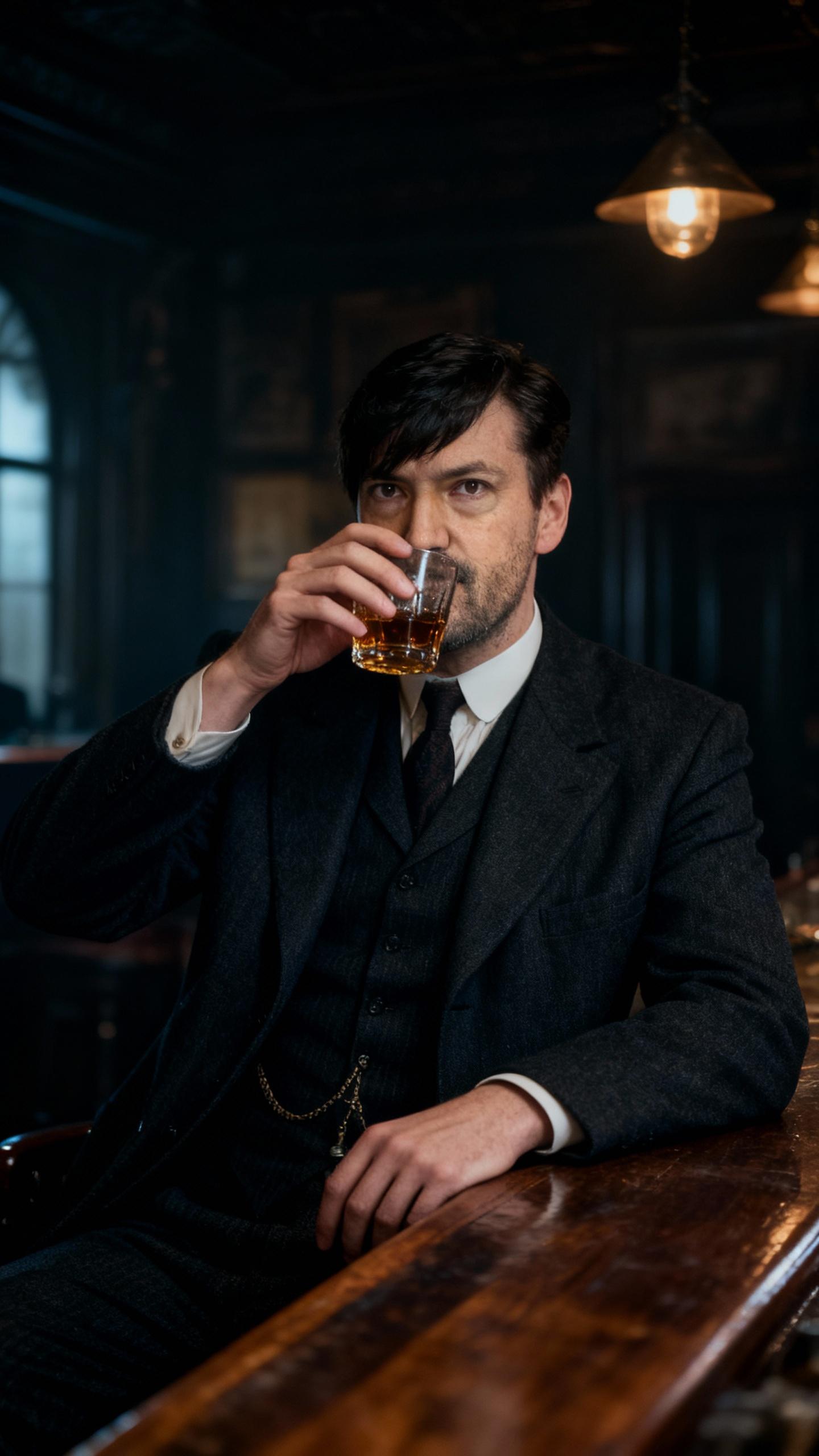 the man is wearing like thomas shelby, sitting in old dark bar from year 1800 with oak counter top and drinking whiskey, serious look, cinematic dark color grading