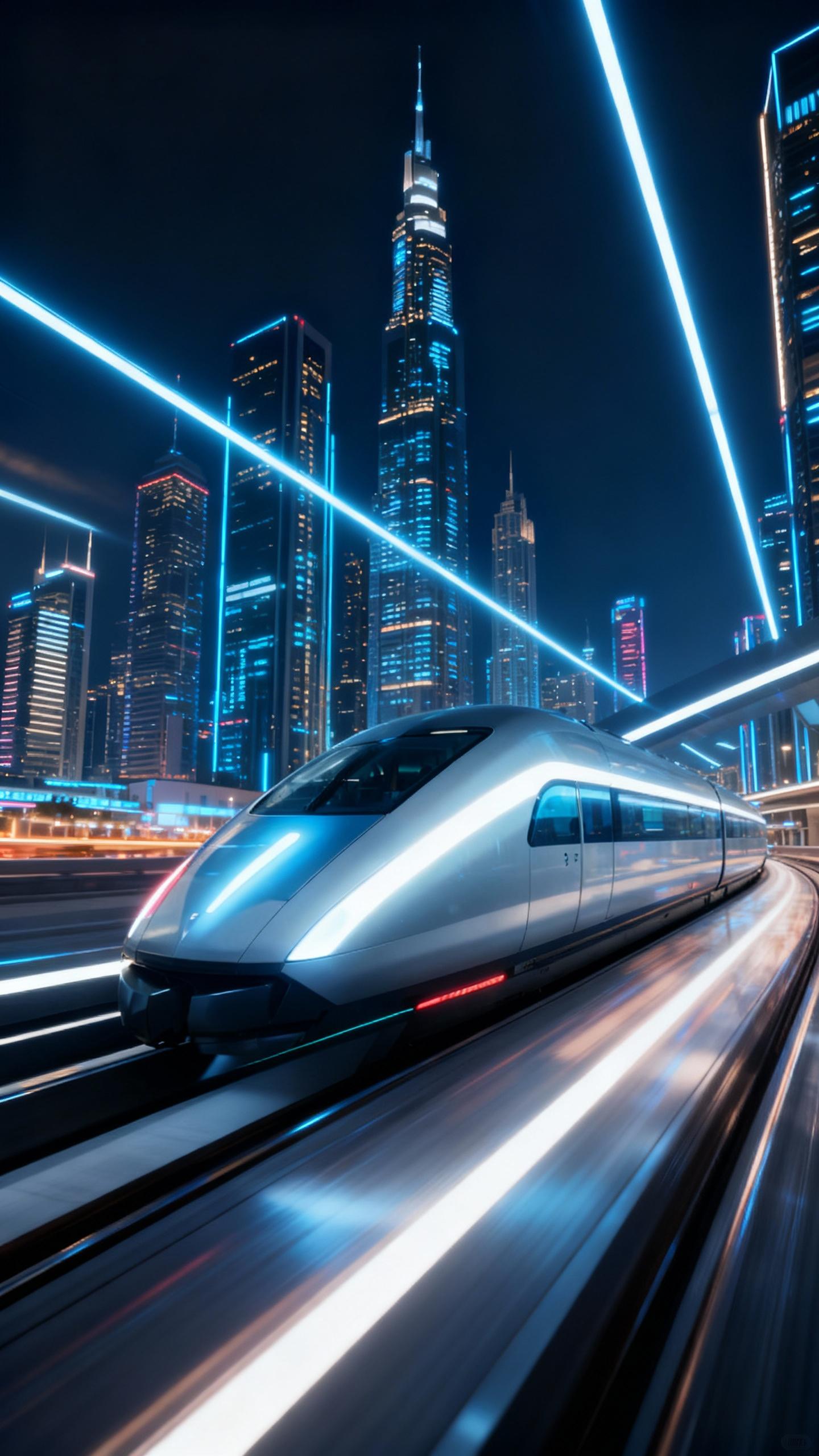 futuristic maglev train on railways in futuristic city with sky scrapers, driving ultra fast, motion blur