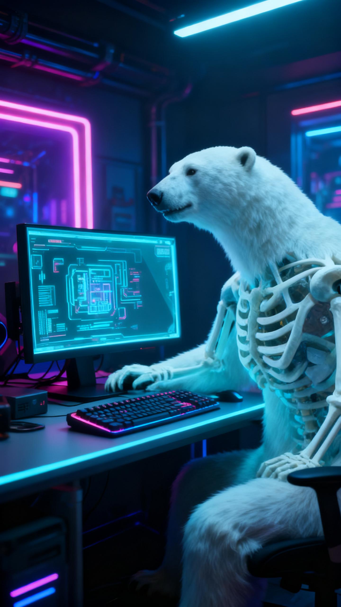 polar bear skeleton using ai on computer, monitor and keyboard in futuristic cyberpunk gaming room, neon lights