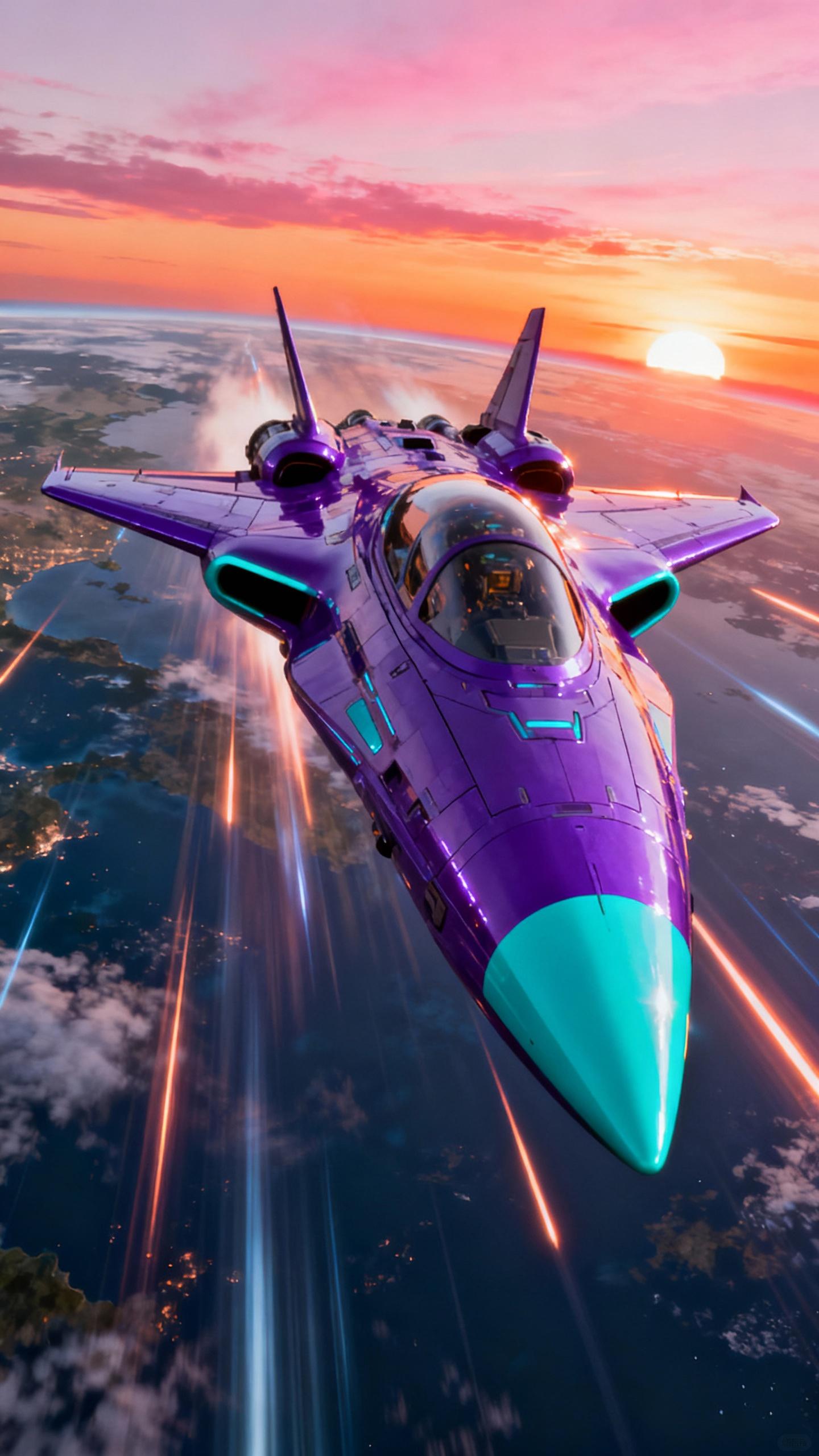 a very fast purple and turquoise futuristic space ship, glossy and aerodynamic exterior with sharp nose, flying at light speed from space to planet earth at sunset
