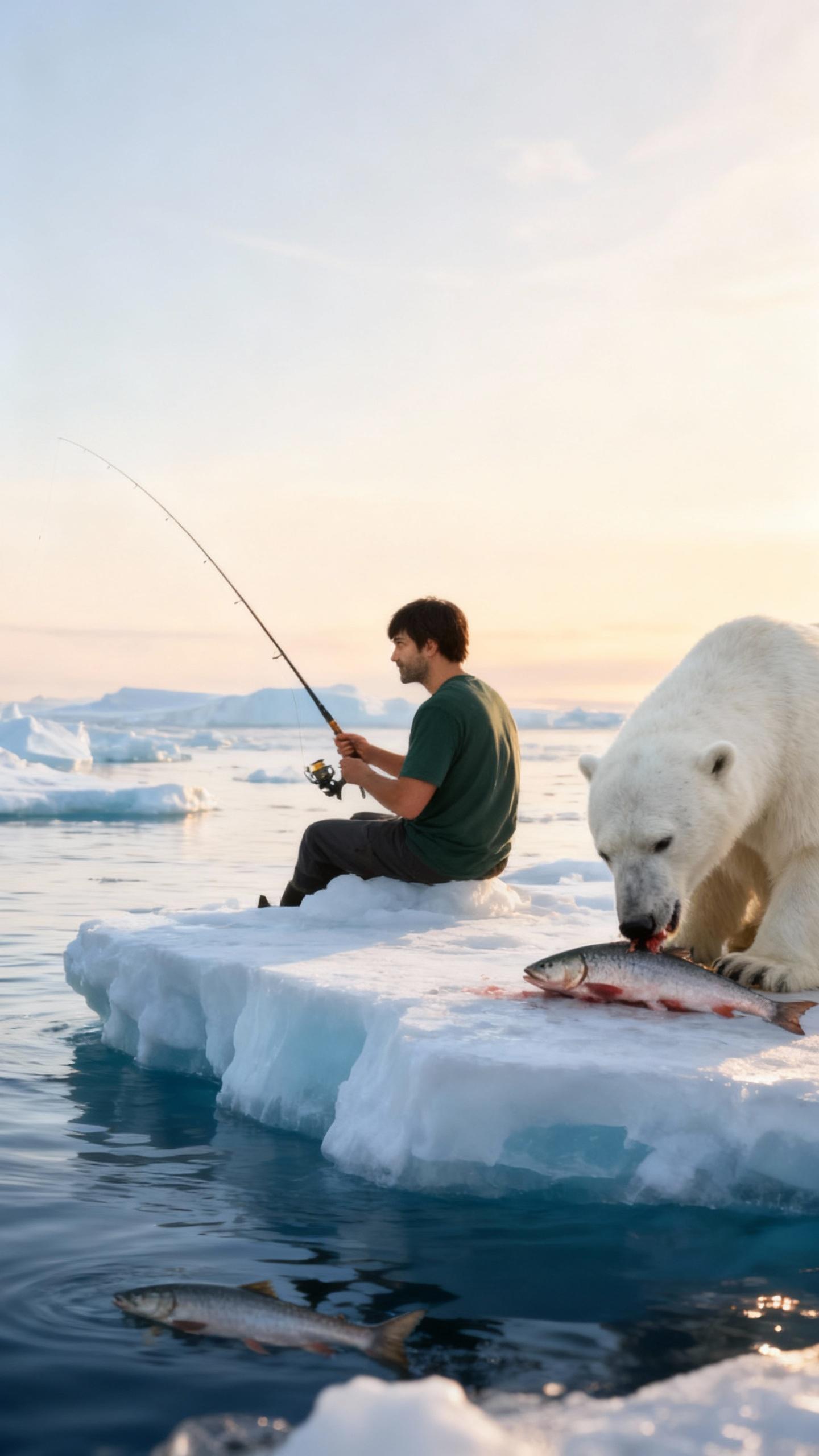 In the image, a man is seen engaging in the activity of fishing on a floating iceberg, which is the central focus of the composition. The man, positioned slightly off-center, is captured in profile, his figure outlined against the backdrop of the icy landscape. To his right, a white polar bear is seated, its attention directed towards the salmon it is consuming. The polar bear's presence adds a sense of scale and majesty to the scene, while the salmon provides a vibrant splash of color against the otherwise monochromatic setting. The lighting is natural, with the sun casting a warm glow on the scene, enhancing the textures of the ice and the salmon. The image is a testament to the beauty of nature and the unique interactions between its inhabitants.