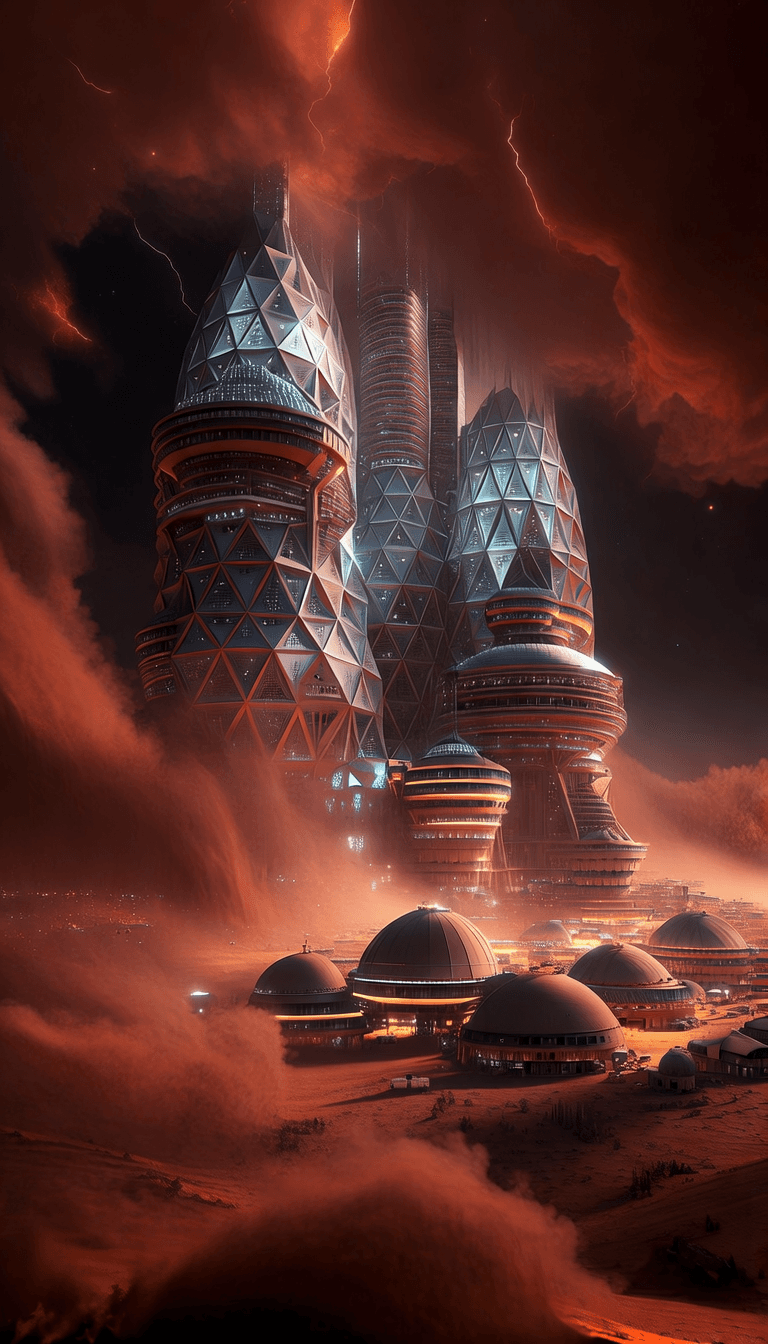 futuristic geodesic sky scrapers and colony on mars at night, red sand storm