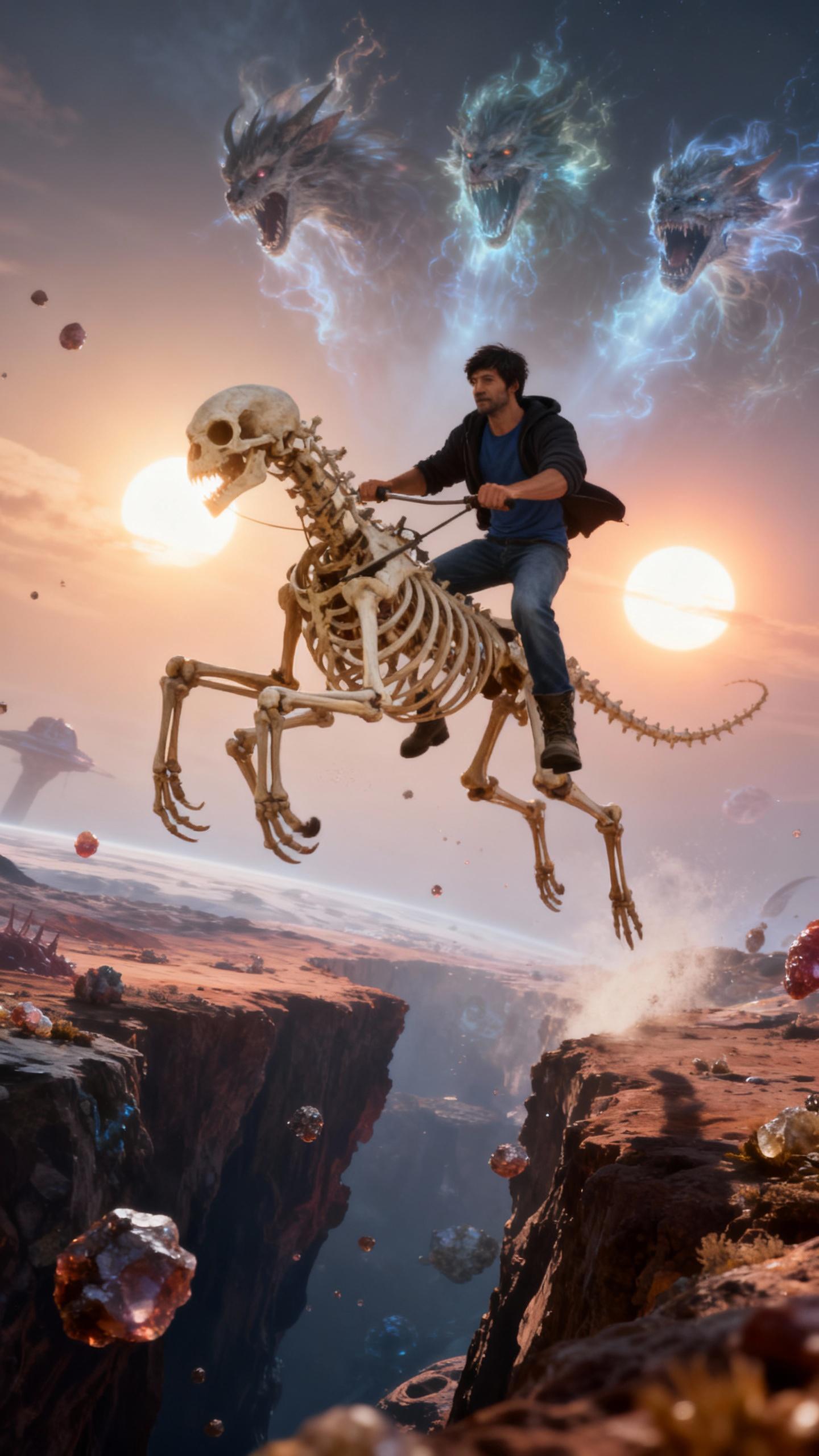 action shot of a man expertly steering a six-limbed skeletal creature mid-leap over a chasm on an alien world, fractal bone structure catching the light of twin suns, three heads roaring with ethereal energy, jeans and boots visible, adrenaline-filled moment, suspended in air with floating mineral particles, dynamic angle, epic fantasy, photorealistic